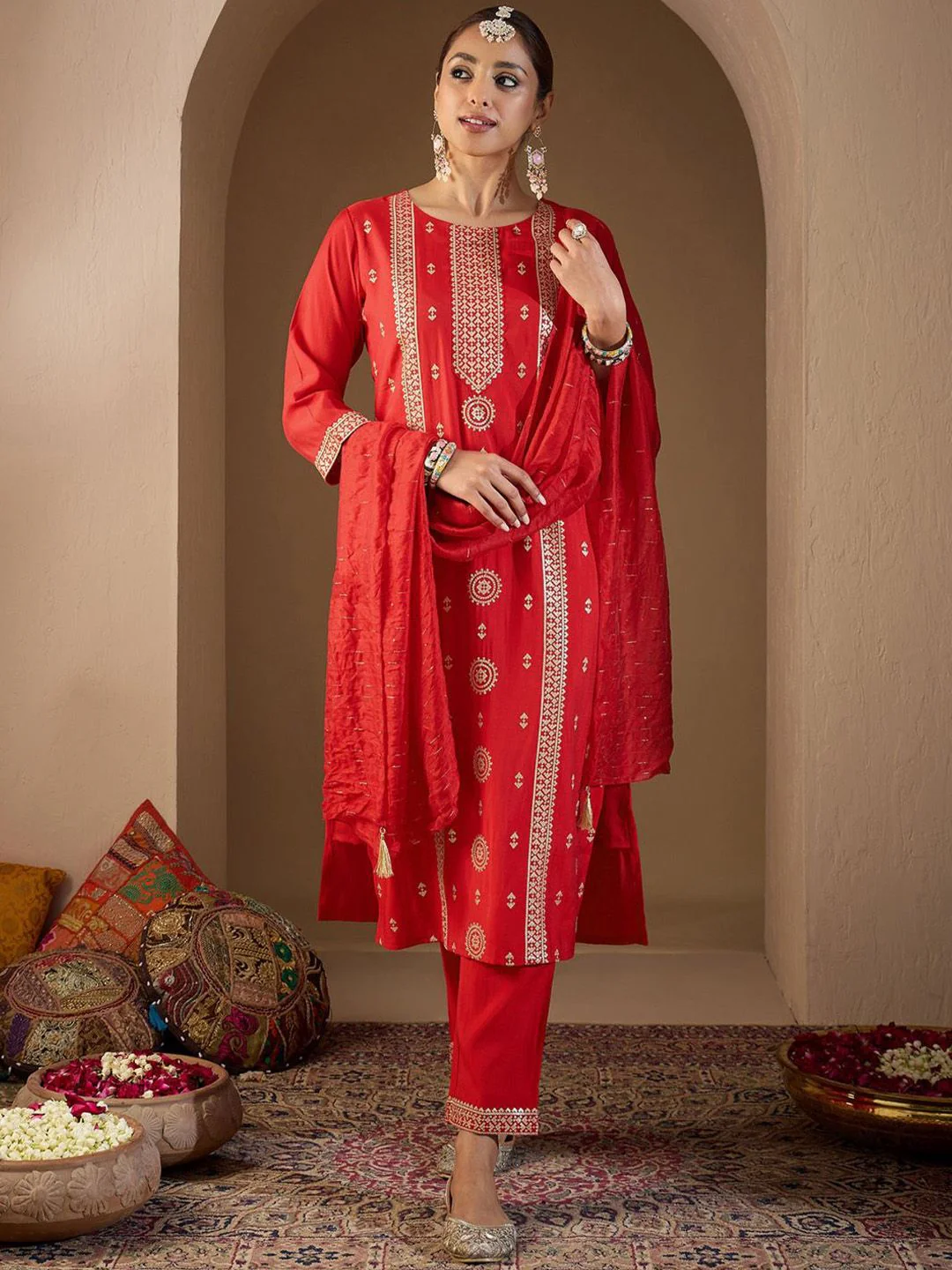 Indo Era Women Ethnic Motifs Embroidered Regular Sequinned Kurta with Trousers & With Dupatta - Image 2