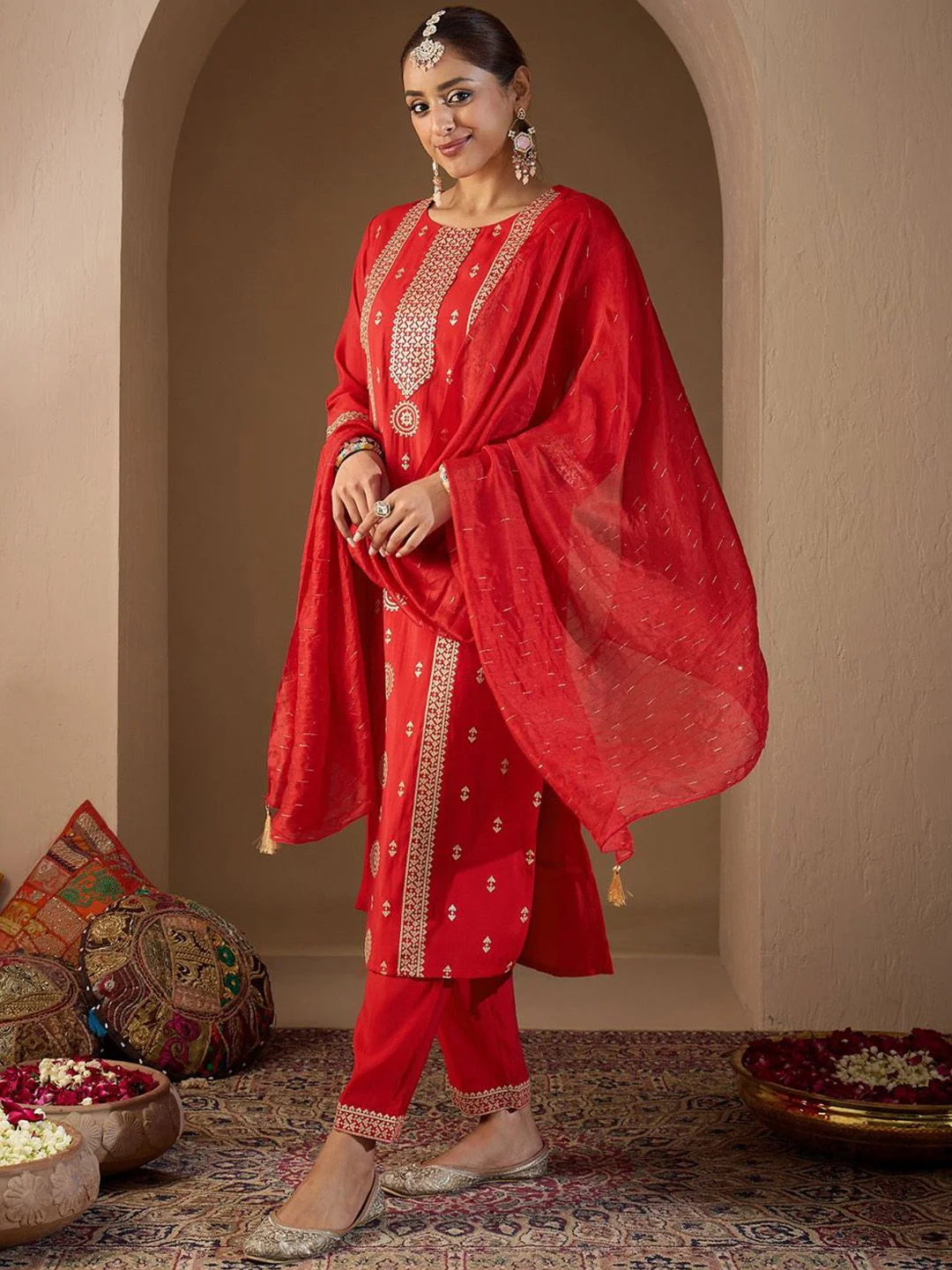 Indo Era Women Ethnic Motifs Embroidered Regular Sequinned Kurta with Trousers & With Dupatta - Image 5