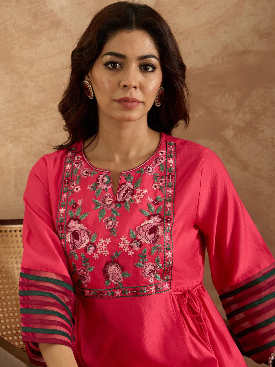 Indo Era Women Floral Embroidered Empire Thread Work Liva Kurta with Trousers - Image 2
