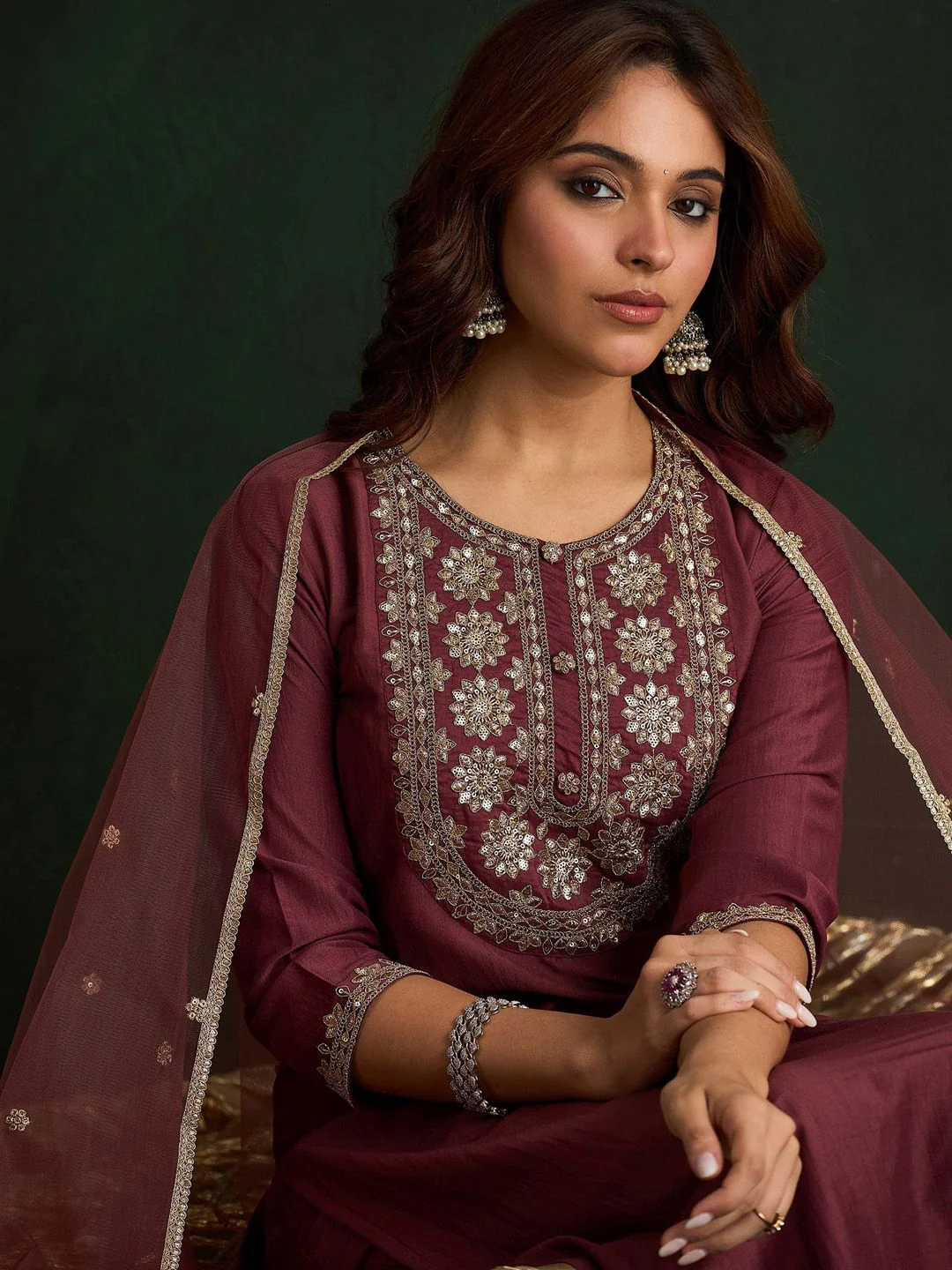 Indo Era Women Floral Embroidered Regular Kurta with Trousers & With Dupatta - Image 3