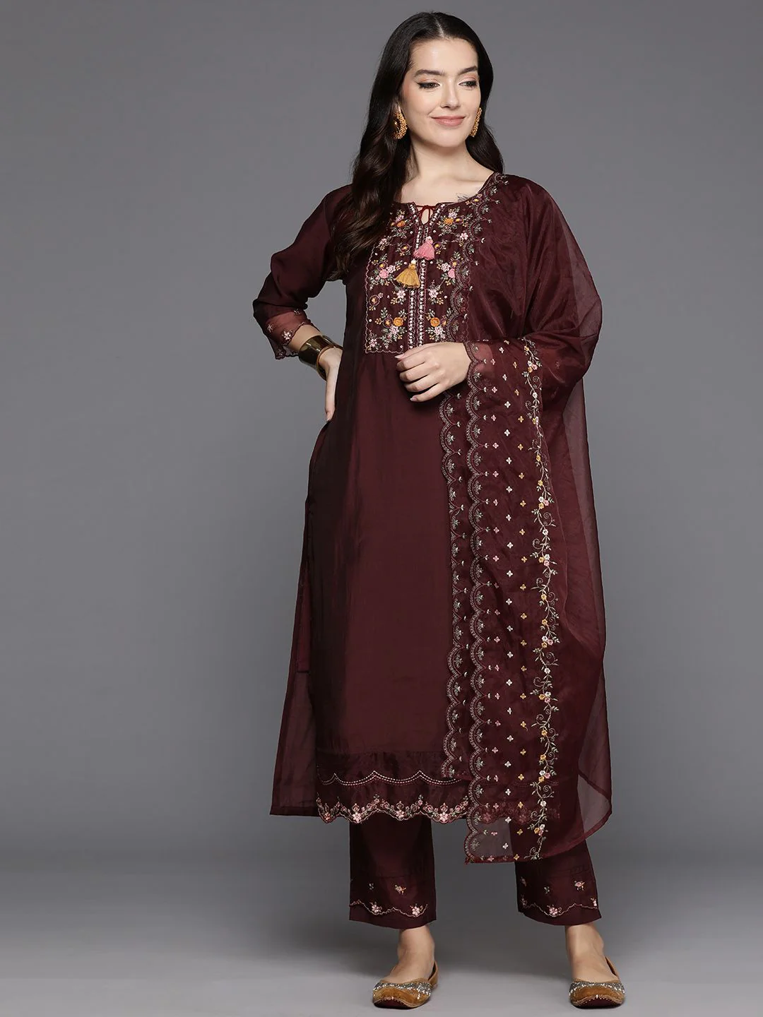 Indo Era Women Floral Embroidered Regular Sequinned Kurta with Trousers & With Dupatta - Image 4