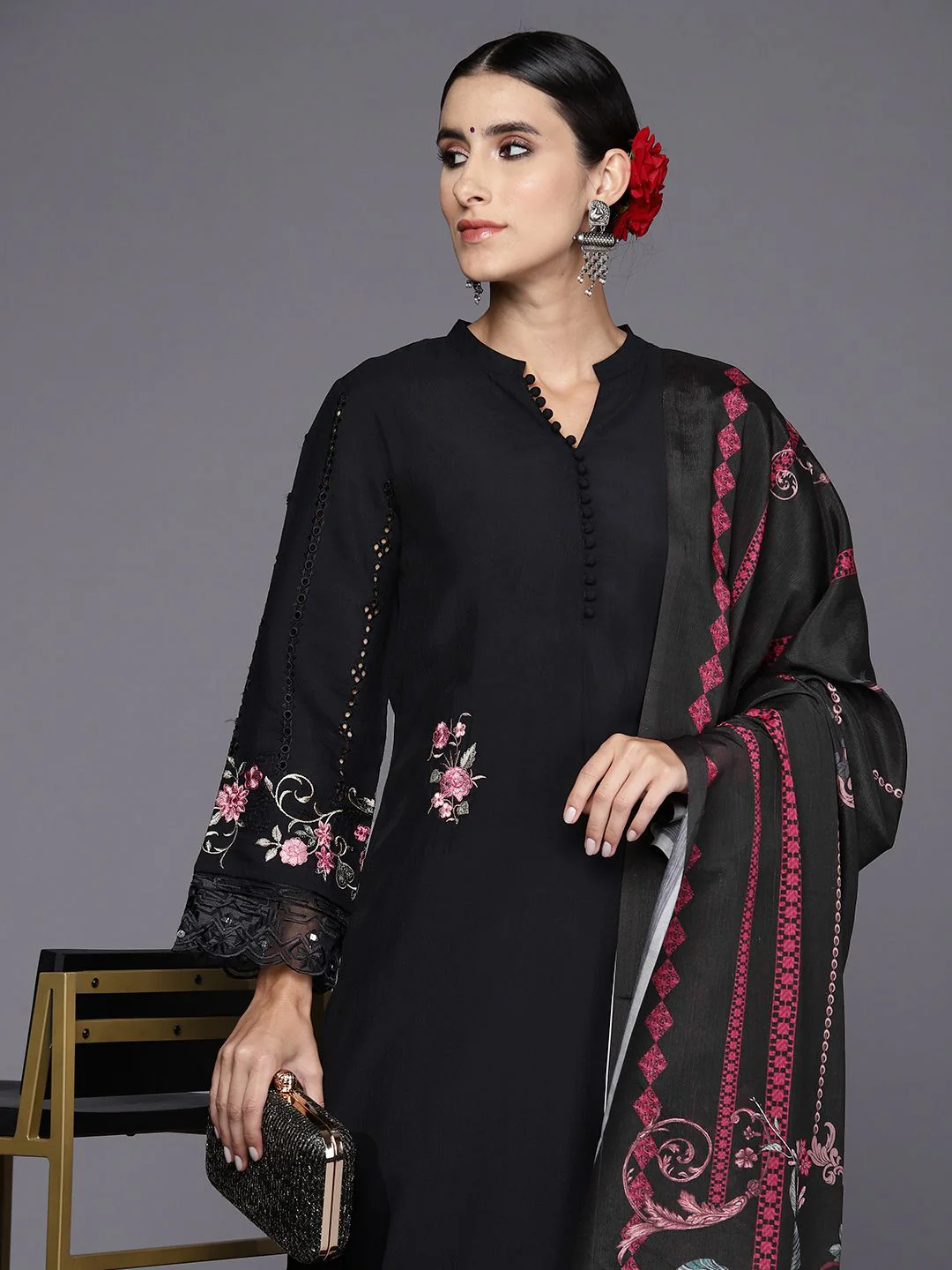 Indo Era Women Floral Embroidered Regular Thread Work Kurta with Trousers & Dupatta - Image 4