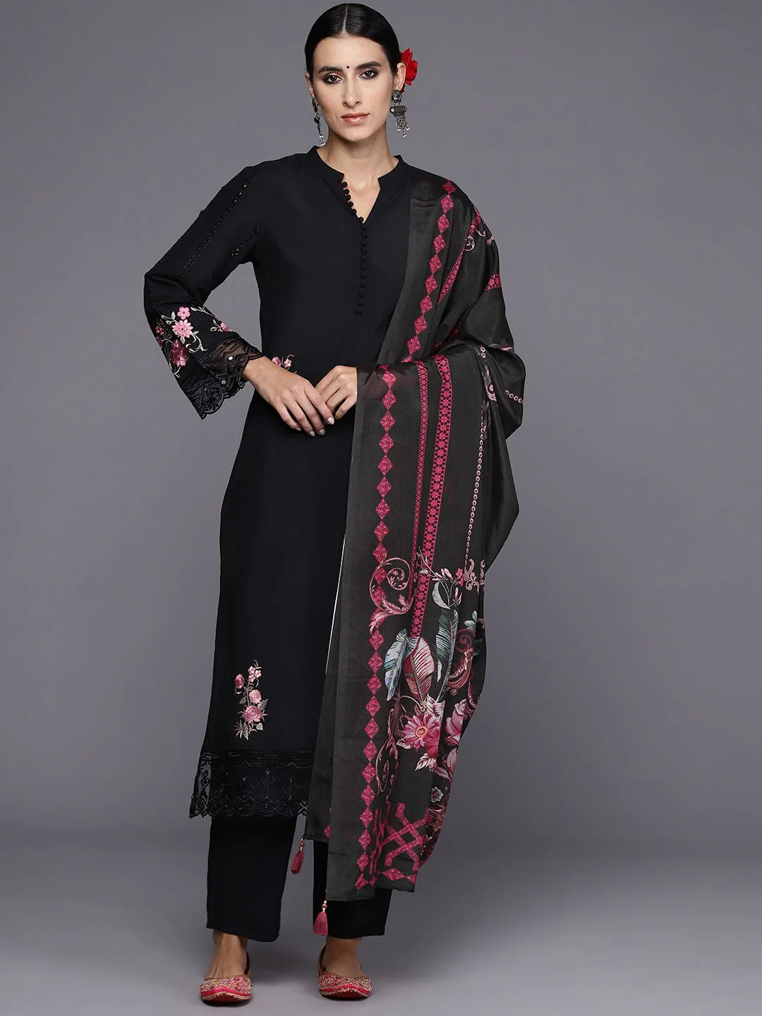 Indo Era Women Floral Embroidered Regular Thread Work Kurta with Trousers & Dupatta - Image 6