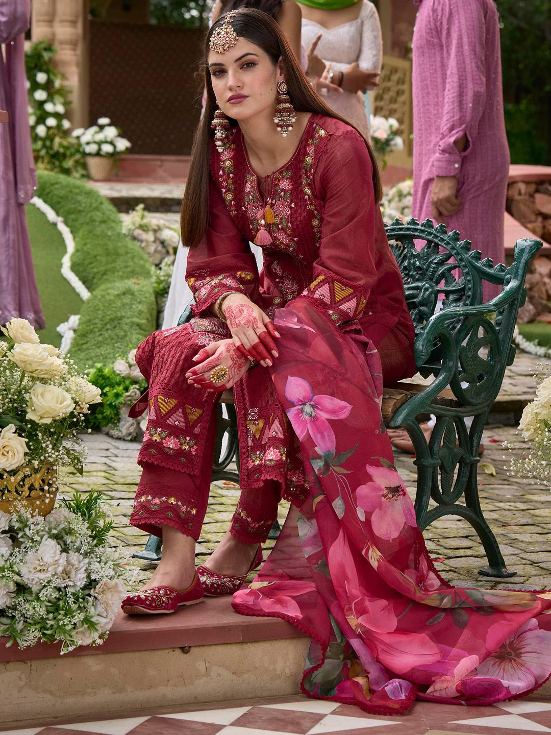 Indo Era Women Floral Embroidered Regular Thread Work Kurta with Trousers & With Dupatta - Image 5