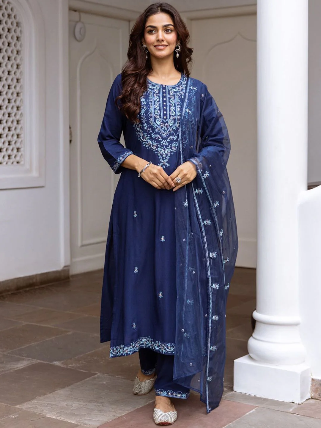 Indo Era Women Floral Embroidered Regular Thread Work Kurta with Trousers & With Dupatta - Image 2