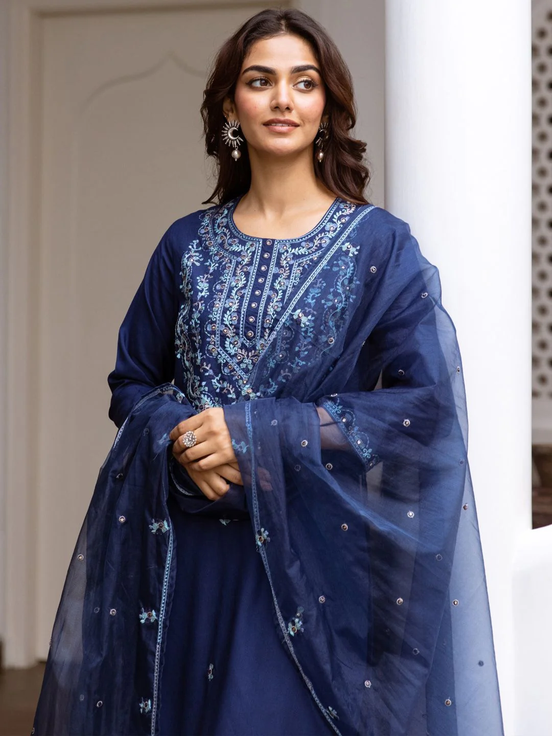 Indo Era Women Floral Embroidered Regular Thread Work Kurta with Trousers & With Dupatta - Image 3
