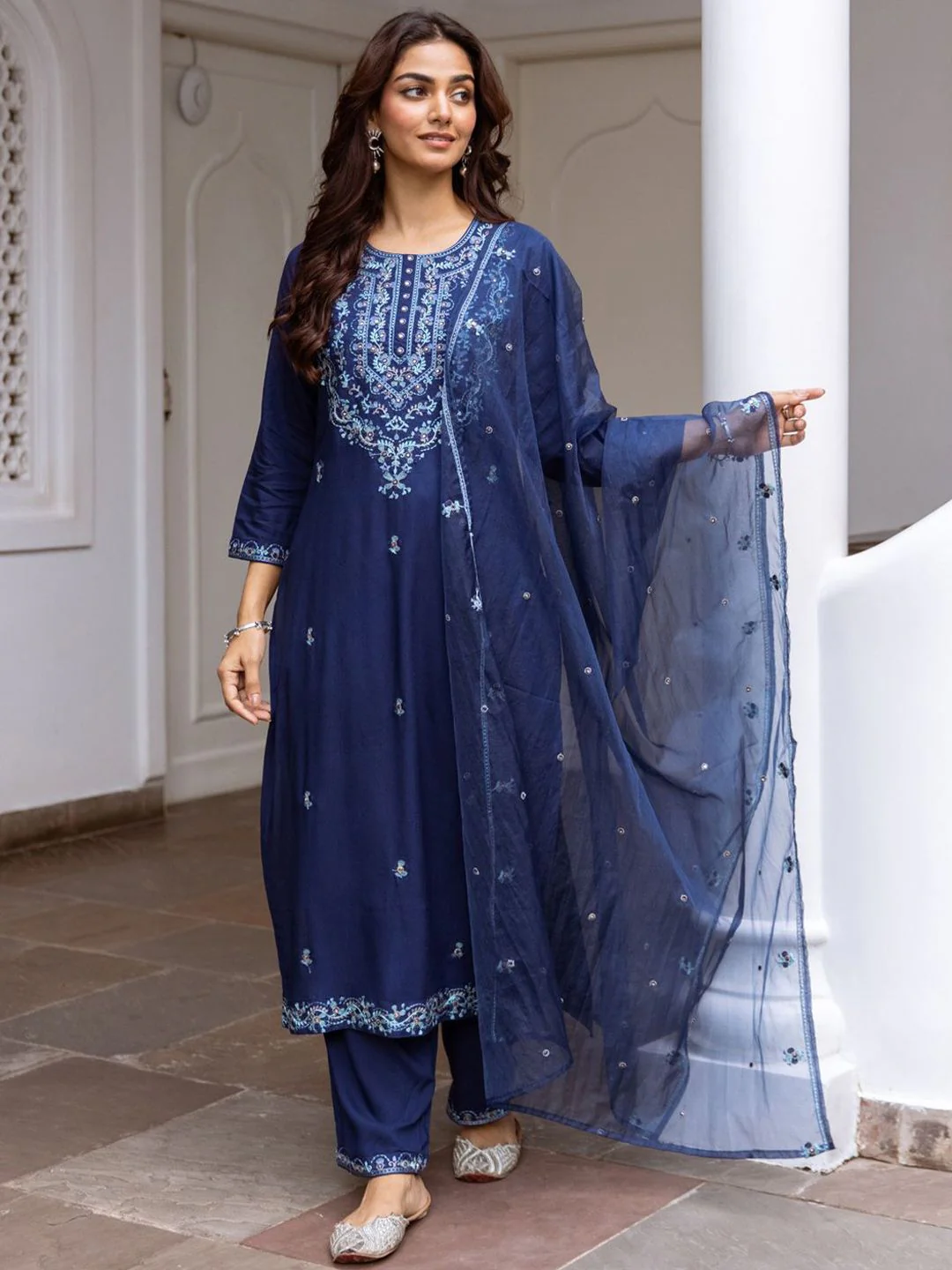 Indo Era Women Floral Embroidered Regular Thread Work Kurta with Trousers & With Dupatta - Image 6
