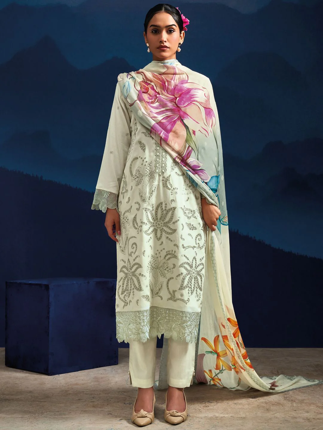 Indo Era Women Floral Embroidered Regular Thread Work Kurta with Trousers & With Dupatta - Image 5