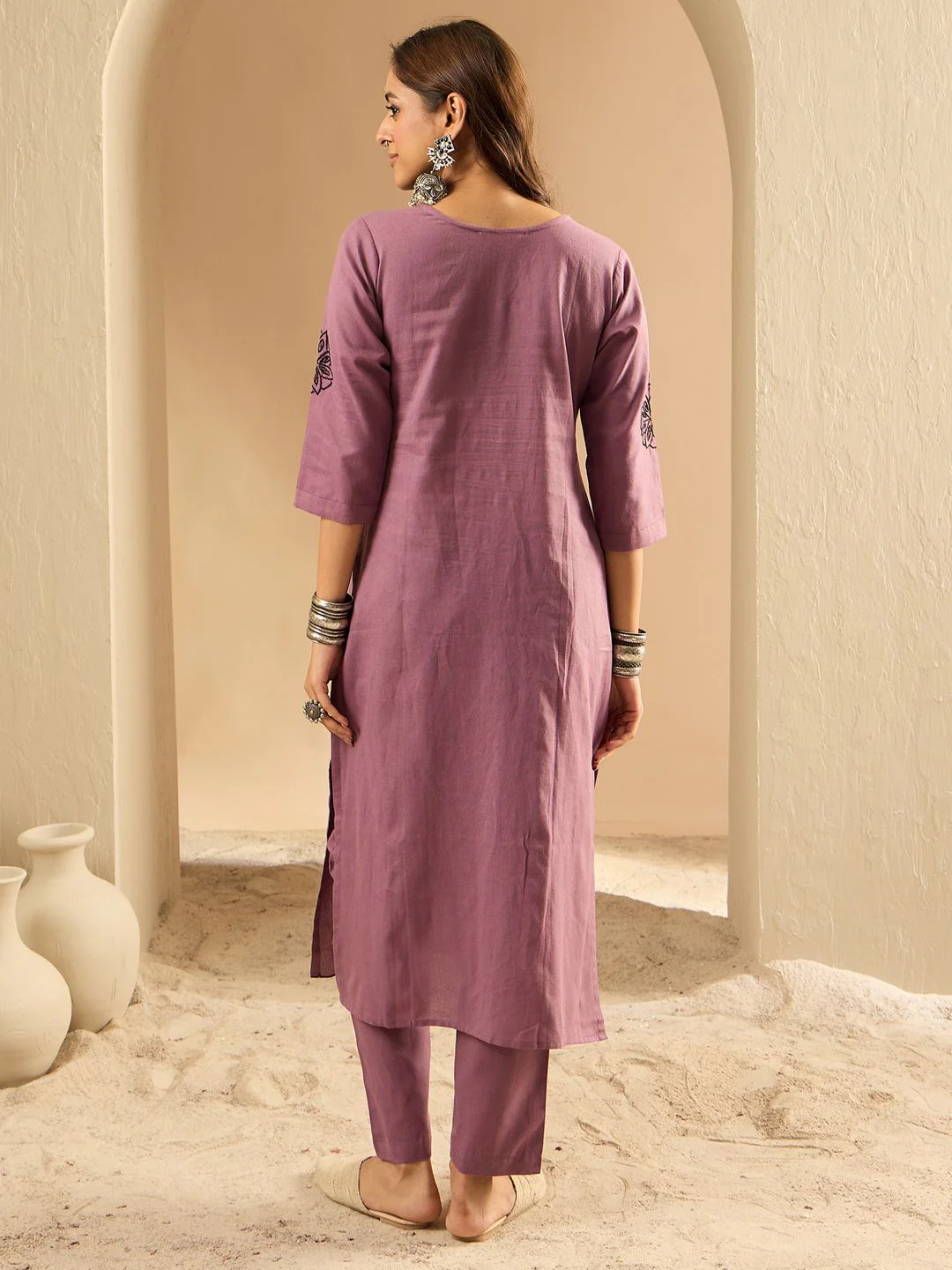 Indo Era Women Floral Embroidered Regular Thread Work Pure Cotton Kurta with Trousers - Image 3