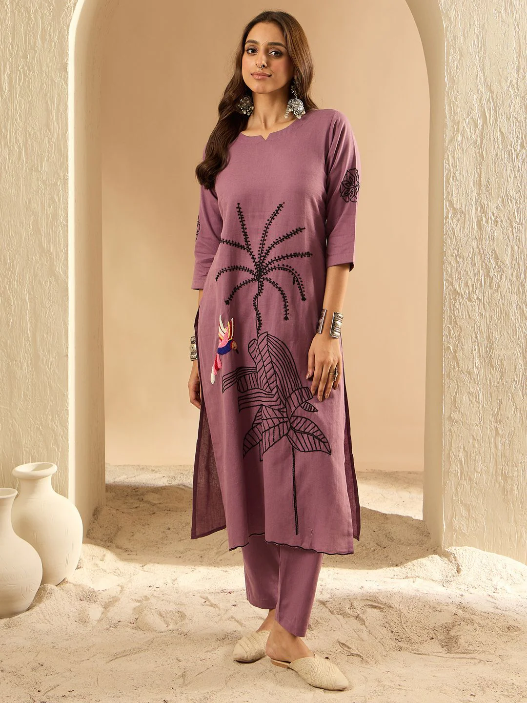 Indo Era Women Floral Embroidered Regular Thread Work Pure Cotton Kurta with Trousers - Image 5