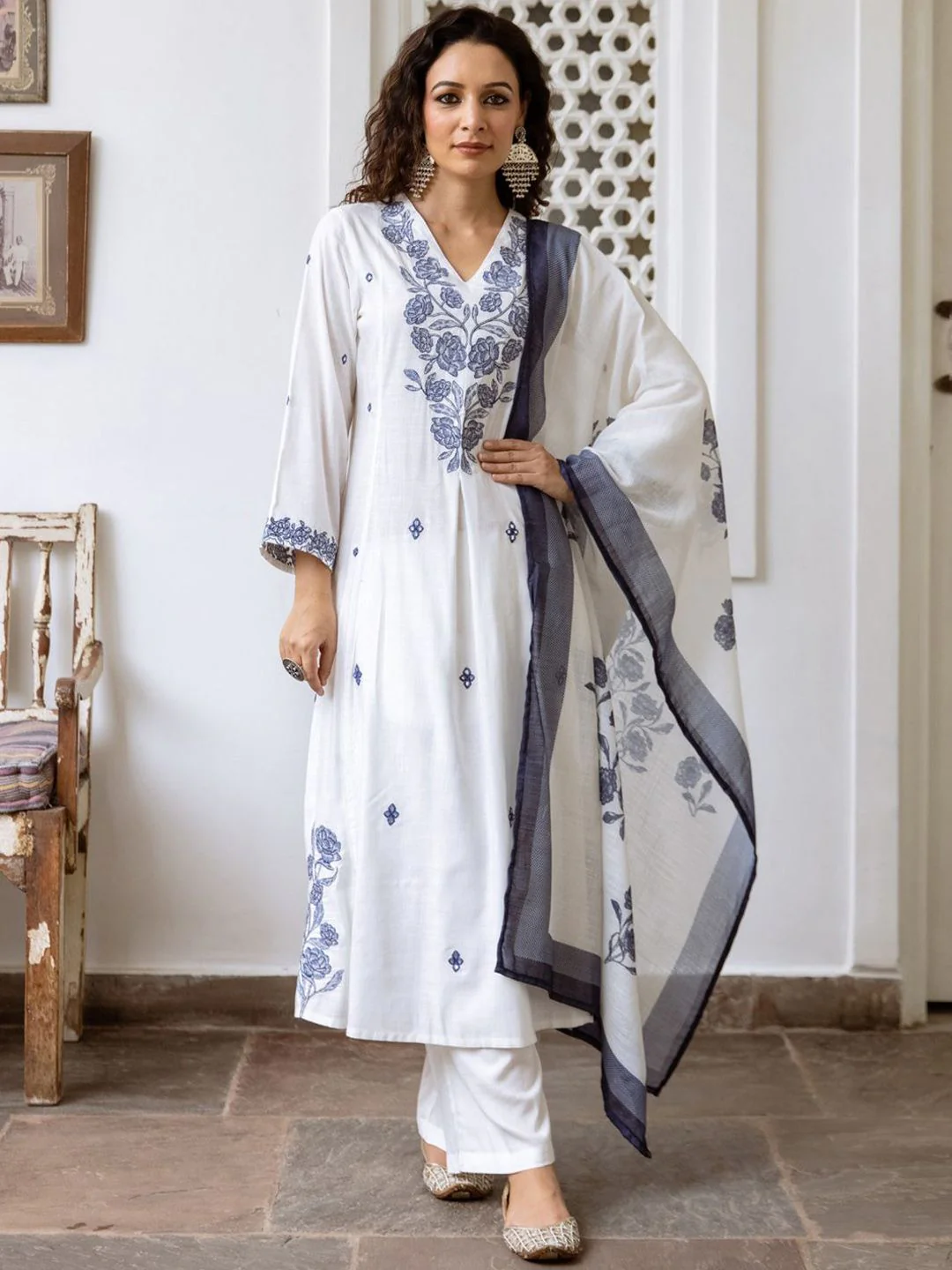 Indo Era Women Floral Embroidered Regular Thread Work Pure Cotton Kurta with Trousers & With Dupatta - Image 2
