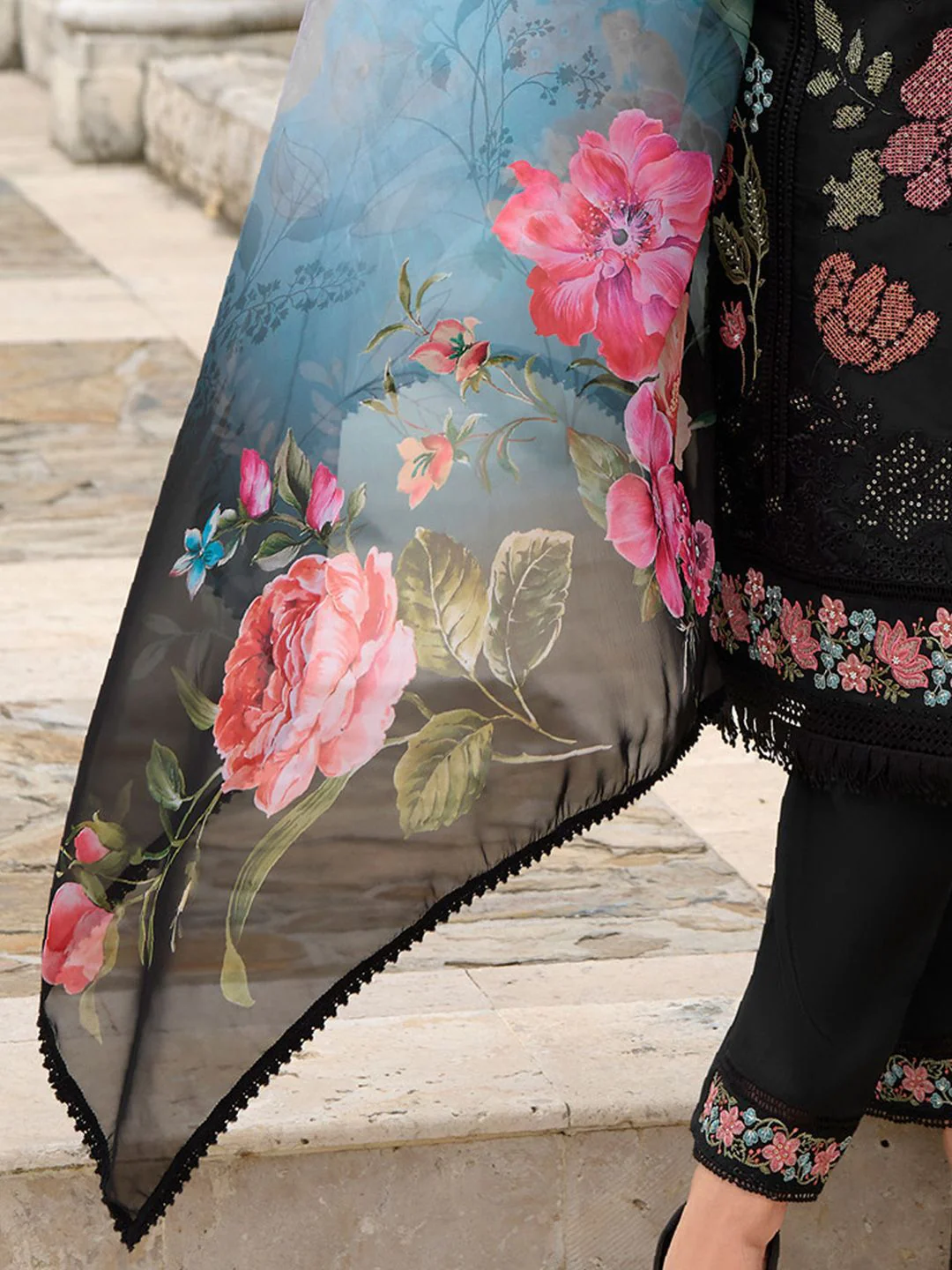 Indo Era Women Floral Embroidered Regular Thread Work Pure Silk Kurta with Trousers & With Dupatta - Image 7