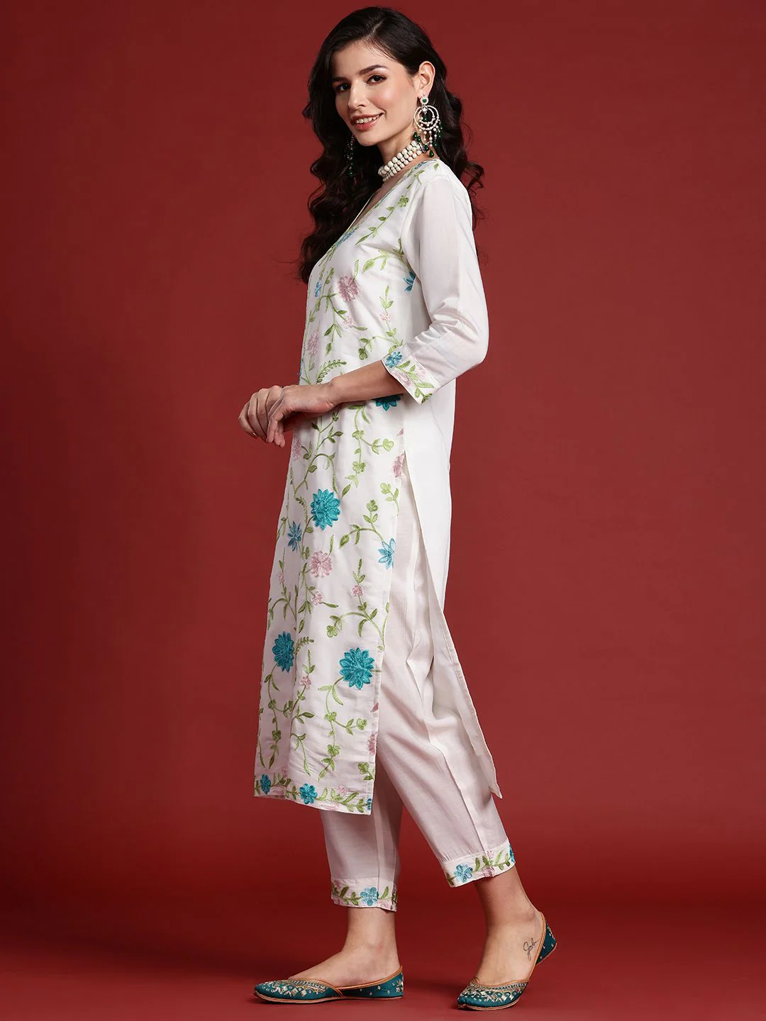 Indo Era Women Floral Embroidered Thread Work Kurta With Trousers & Dupatta - Image 6