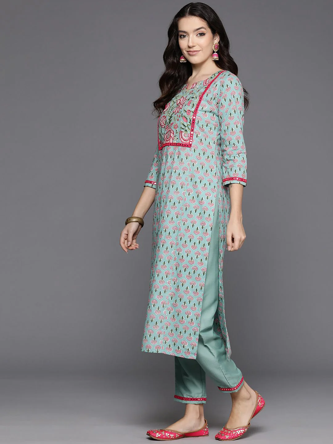 Indo Era Women Floral Printed Mirror Work Pure Cotton Kurta with Trousers & With Dupatta - Image 6