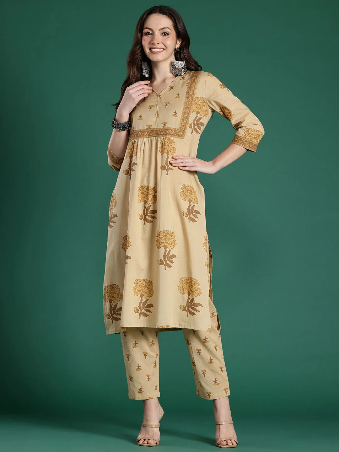 Indo Era Women Floral Printed Pure Cotton Kurta with Trousers - Image 5