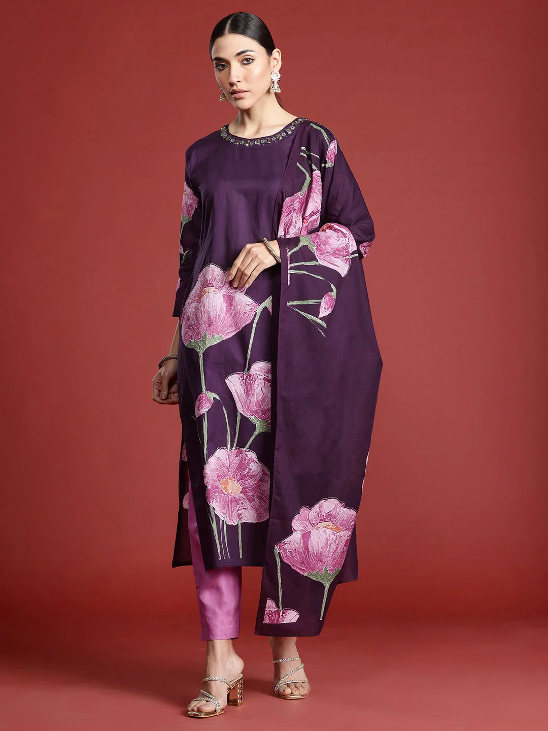 Indo Era Women Floral Printed Pure Cotton Kurta with Trousers & With Dupatta - Image 4