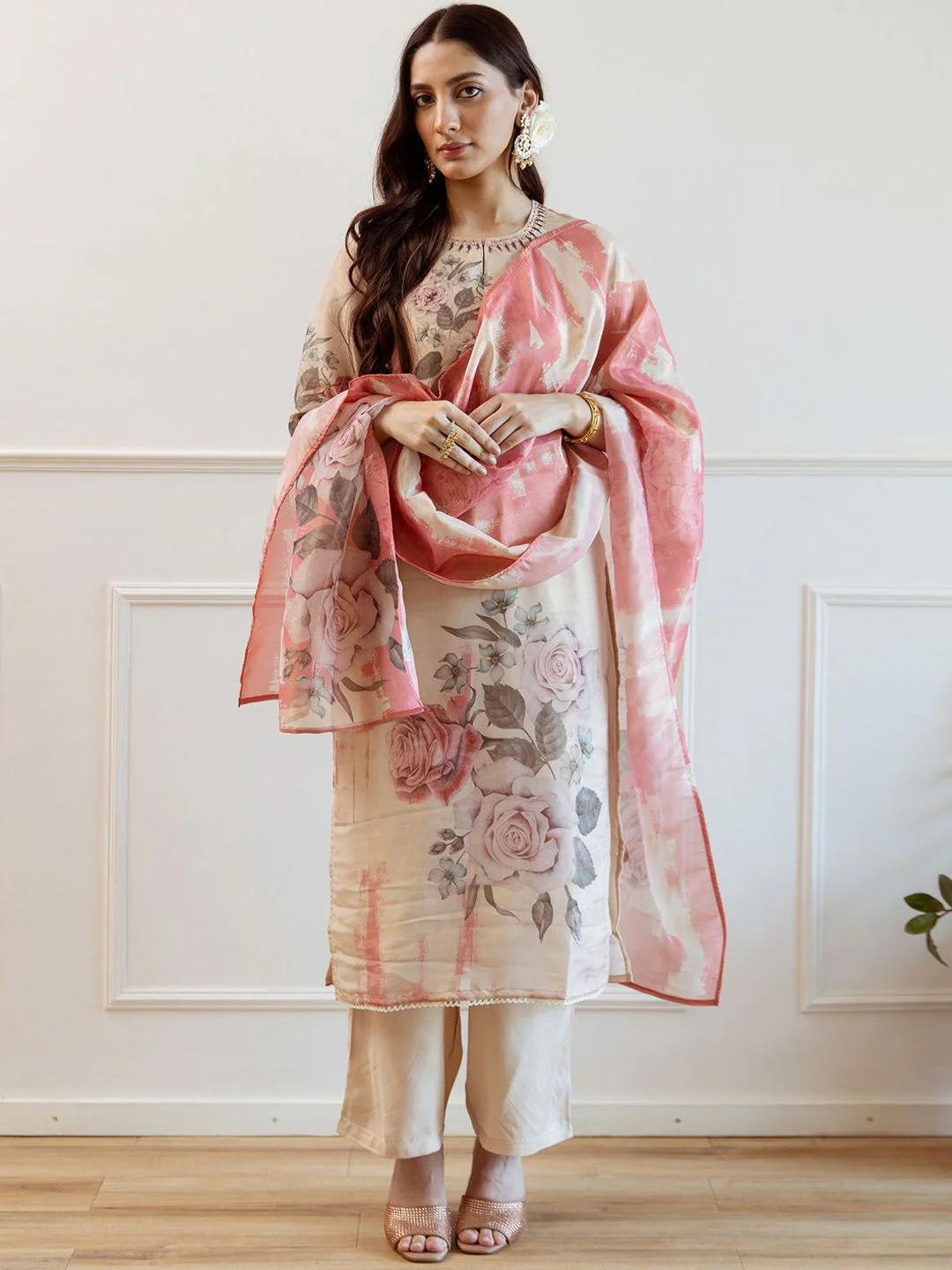 Indo Era Women Floral Printed Regular Kurta with Trousers Dupatta - Image 2