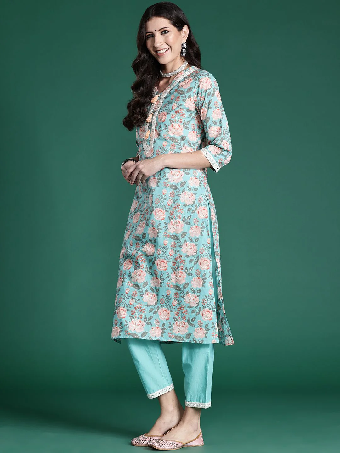 Indo Era Women Floral Printed Regular Mirror Work Pure Cotton Kurta with Trousers & With Dupatta - Image 6