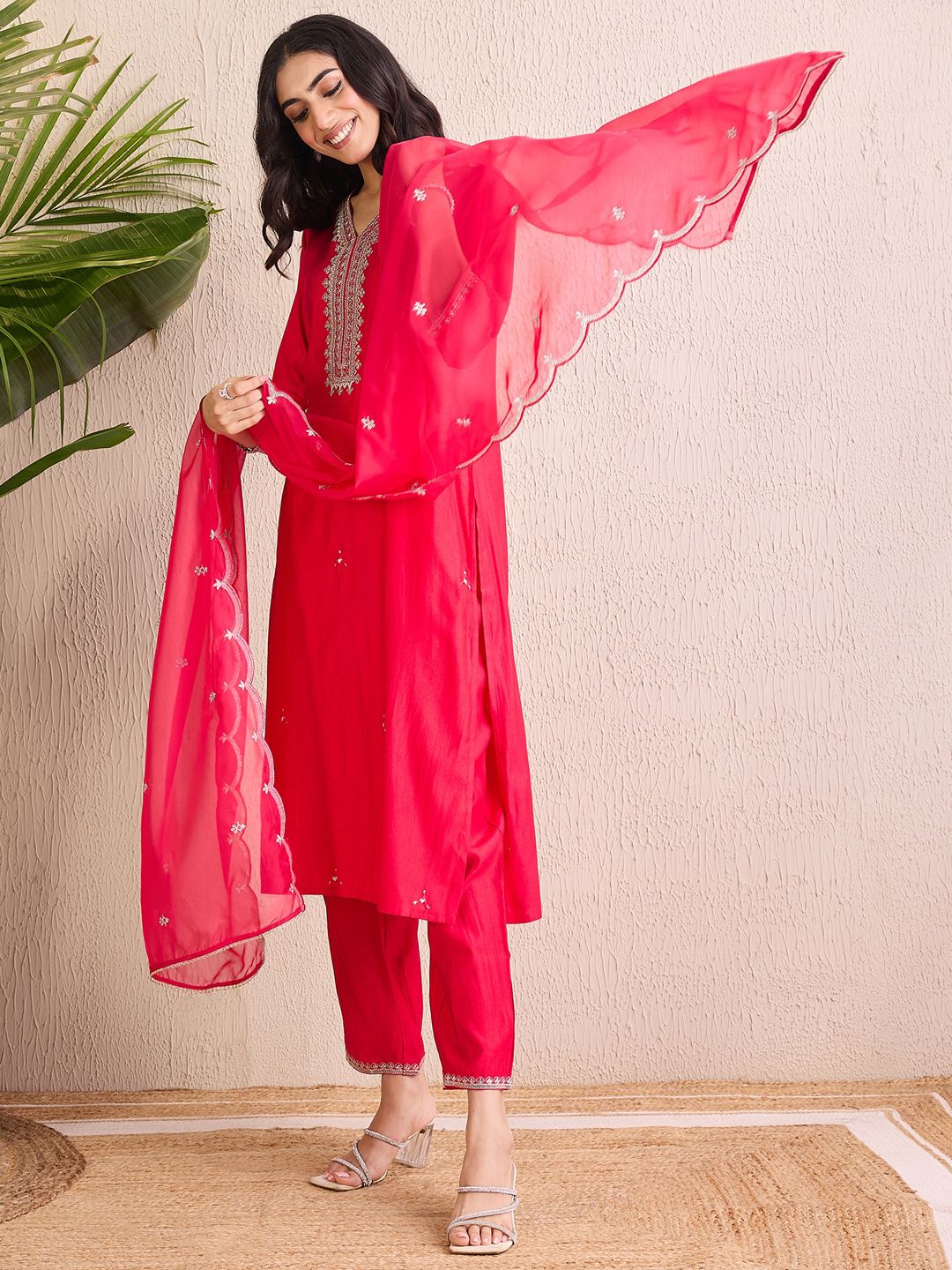 Indo Era Women Floral Yoke Design Regular Liva Kurta with Trousers & With Dupatta - Image 4