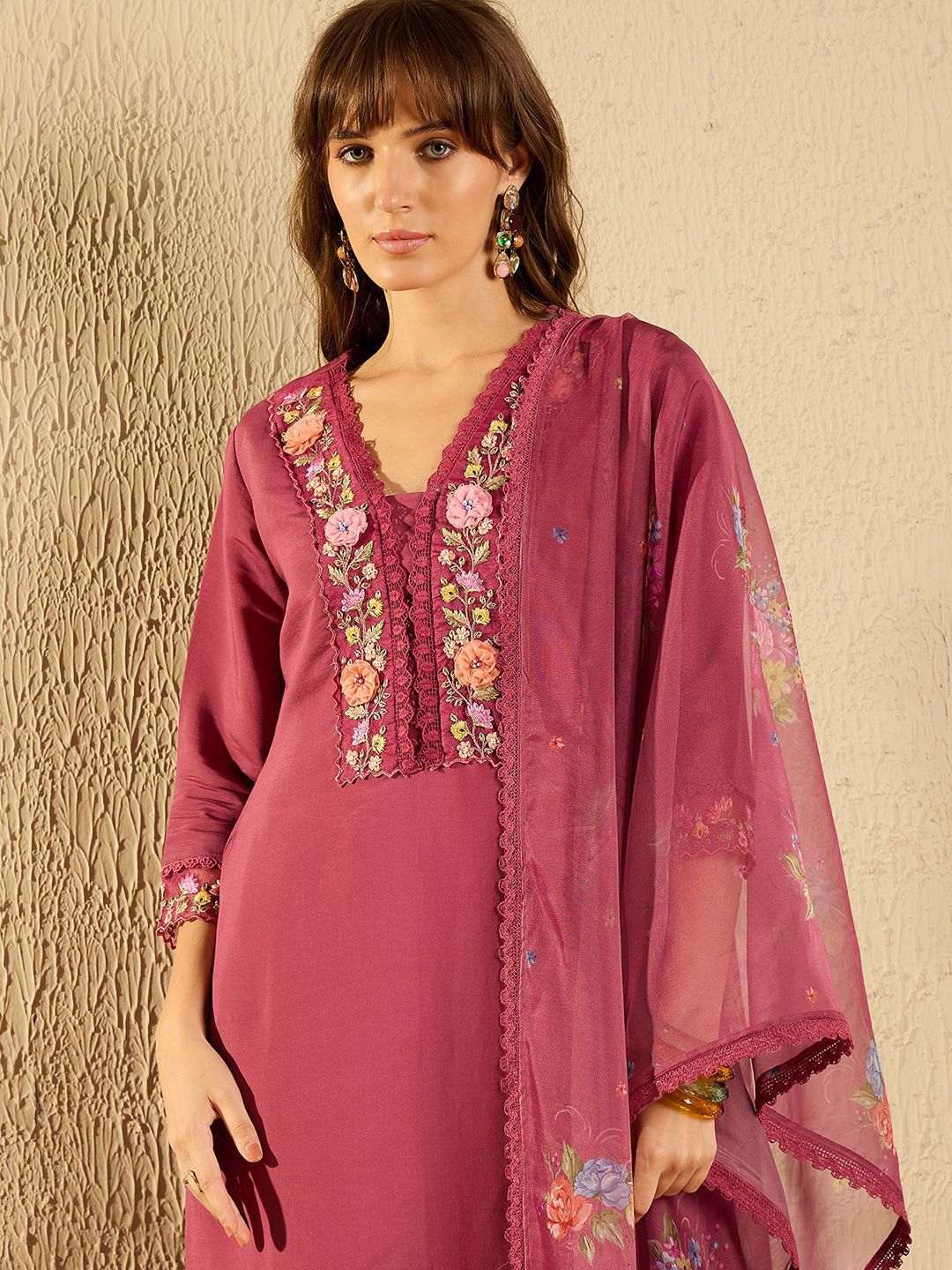Indo Era Women Floral Yoke Design Regular Thread Work Kurta with Trousers & With Dupatta - Image 2
