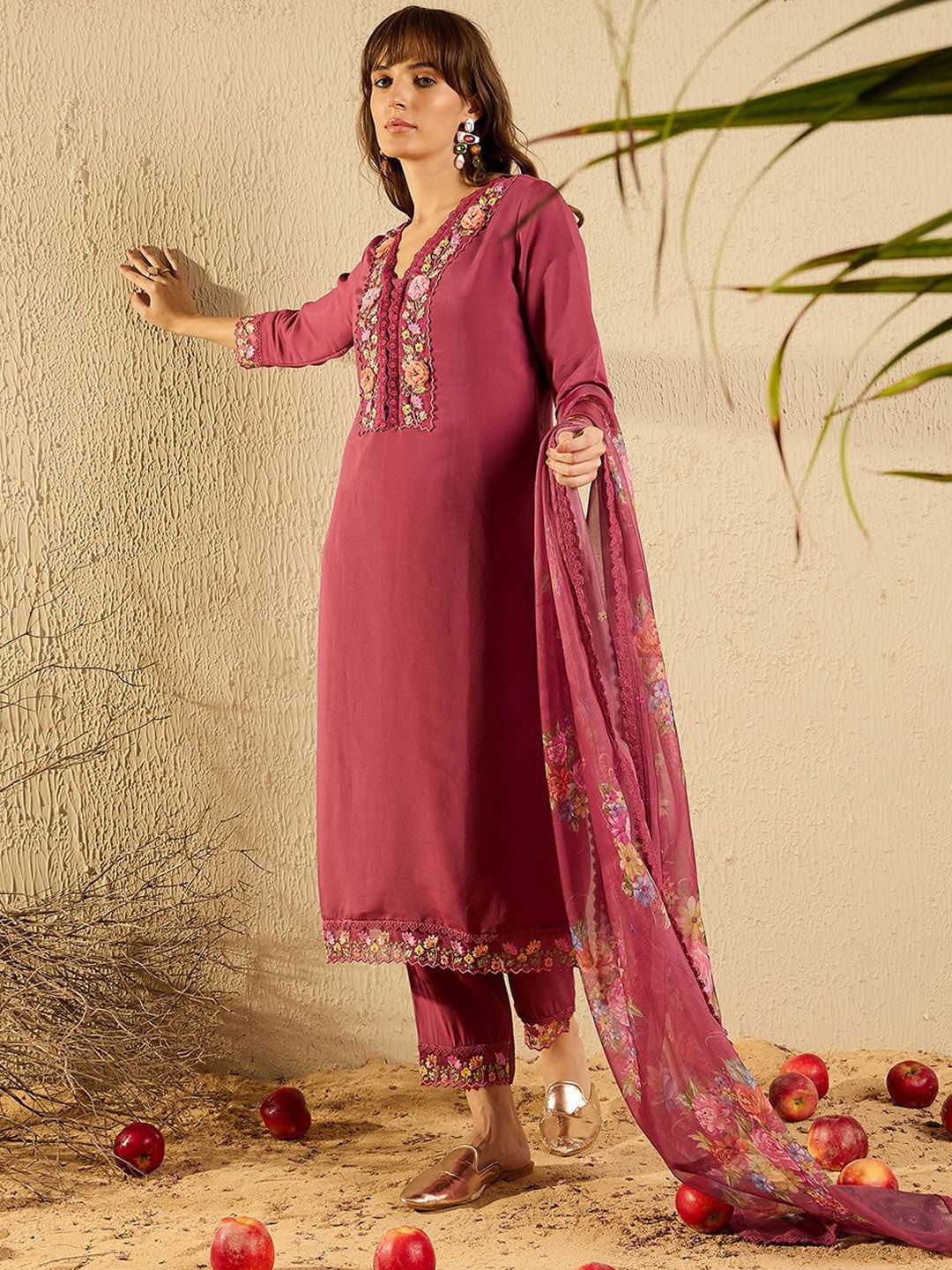 Indo Era Women Floral Yoke Design Regular Thread Work Kurta with Trousers & With Dupatta - Image 4