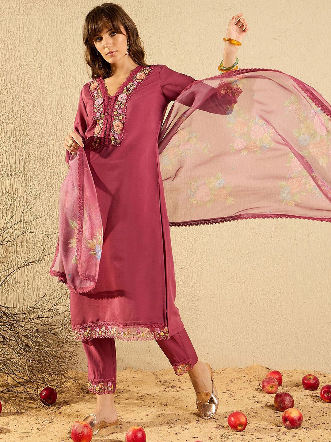 Indo Era Women Floral Yoke Design Regular Thread Work Kurta with Trousers & With Dupatta - Image 7