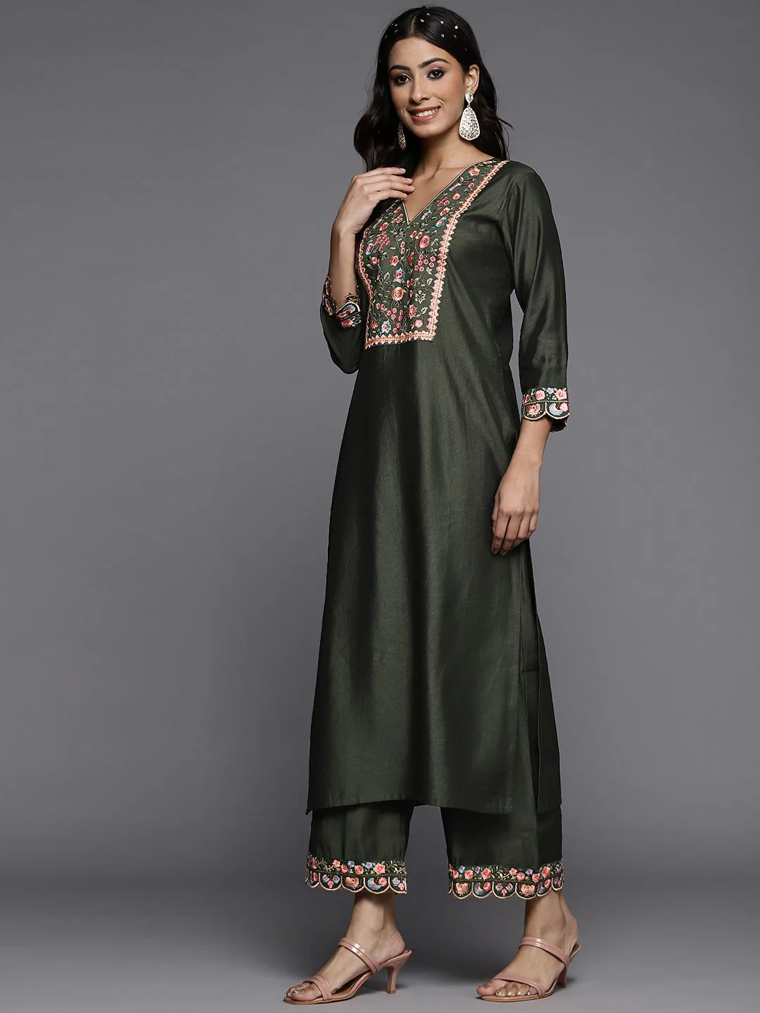 Indo Era Women Green Yoke Design Embroidered Liva Kurta with Palazzos & Dupatta - Image 6