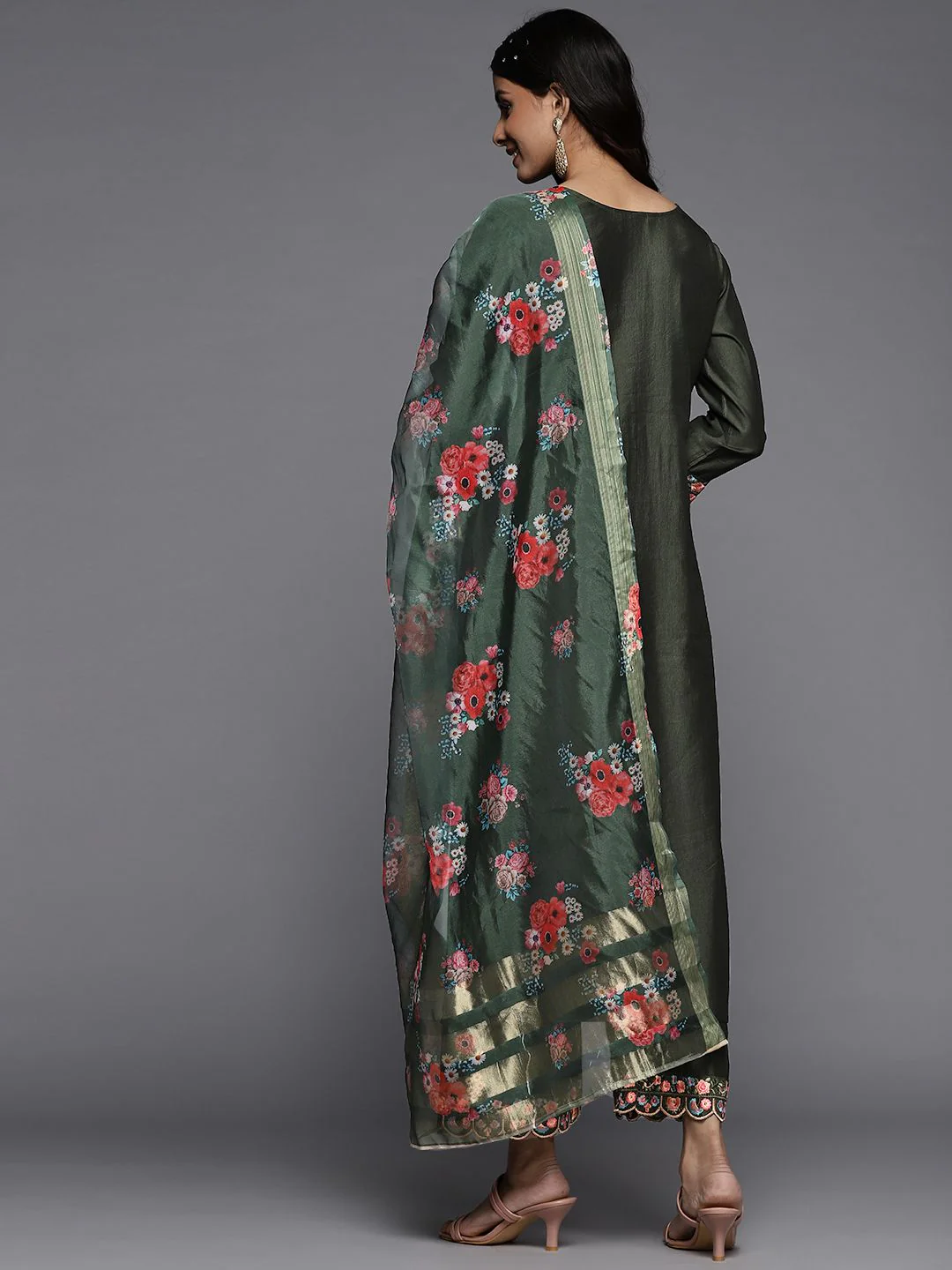 Indo Era Women Green Yoke Design Embroidered Liva Kurta with Palazzos & Dupatta - Image 7
