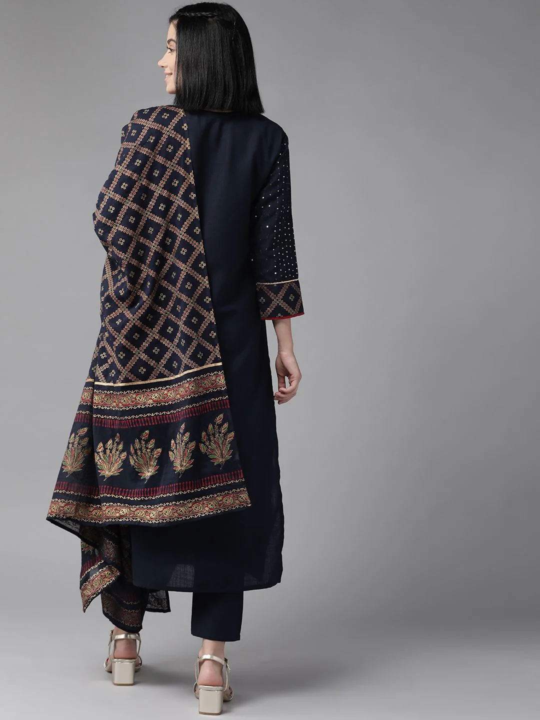 Indo Era Women Navy Blue & Silver Sequin Stripes Kurta with Trousers & Dupatta - Image 6