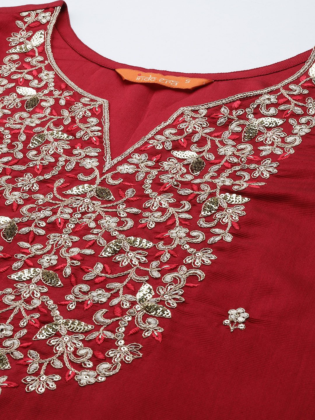 Indo Era Women Red Ethnic Motifs Embroidered Sequinned Liva Kurta with Trousers & Dupatta - Image 2