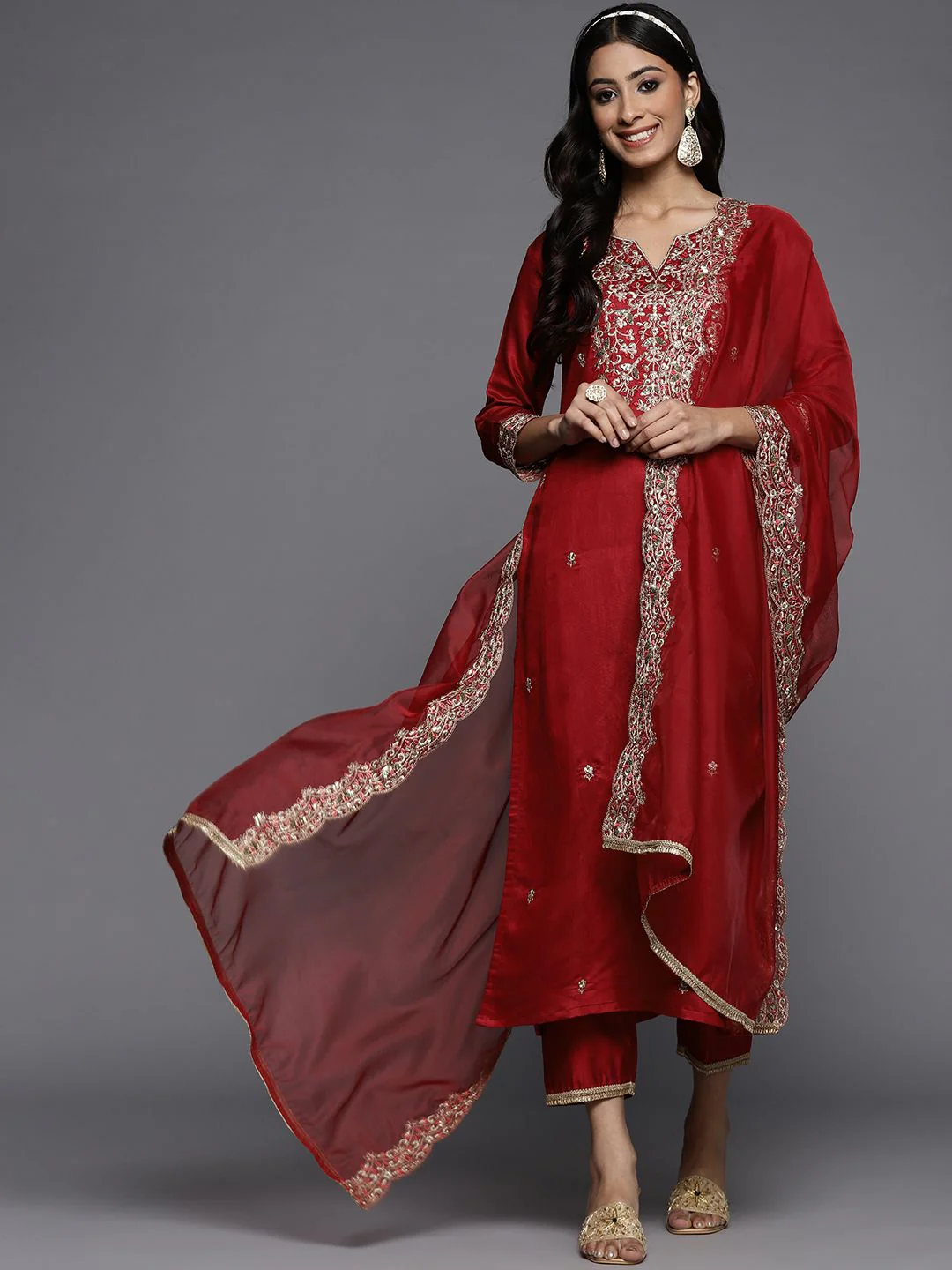 Indo Era Women Red Ethnic Motifs Embroidered Sequinned Liva Kurta with Trousers & Dupatta - Image 4