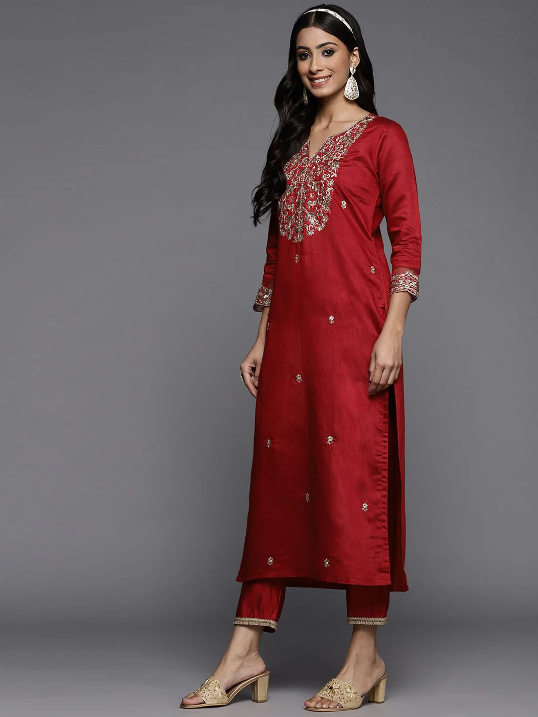 Indo Era Women Red Ethnic Motifs Embroidered Sequinned Liva Kurta with Trousers & Dupatta - Image 6