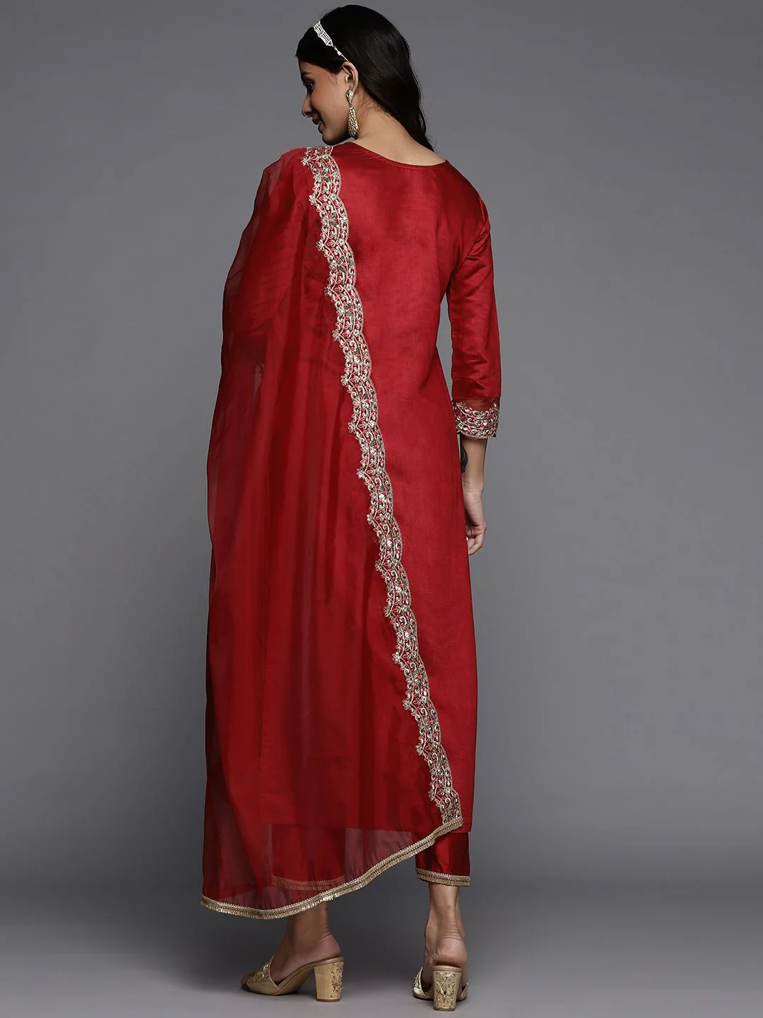 Indo Era Women Red Ethnic Motifs Embroidered Sequinned Liva Kurta with Trousers & Dupatta - Image 7