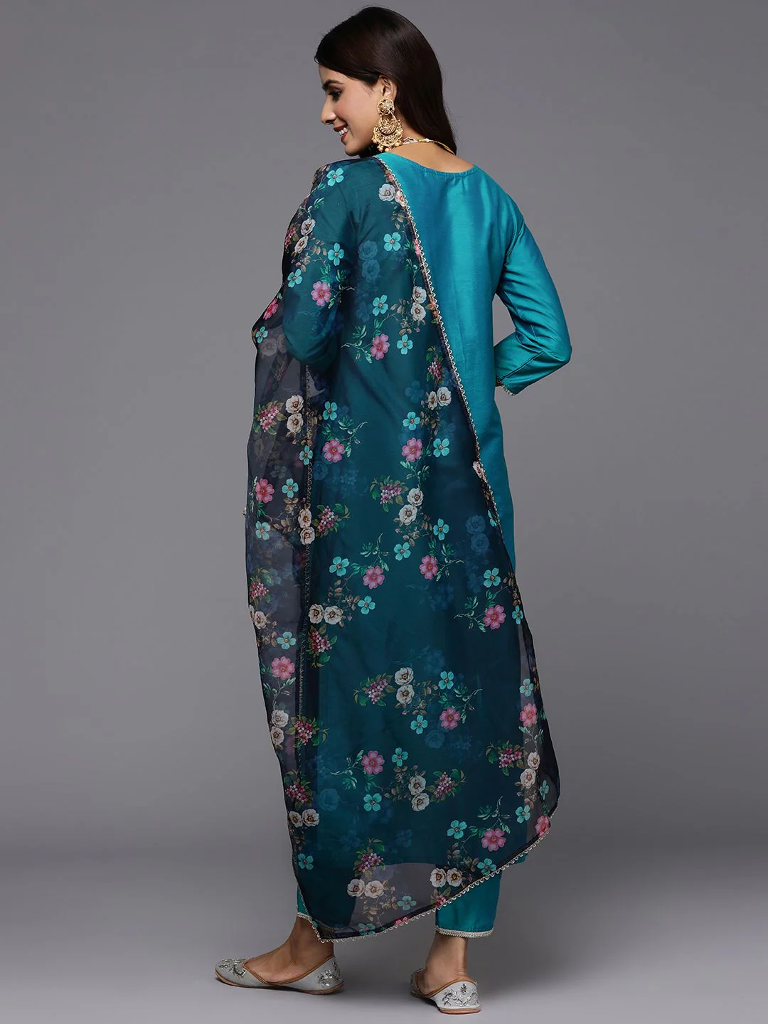 Indo Era Women Teal Floral Embroidered Regular Thread Work Kurta with Trousers & With Dupatta - Image 7