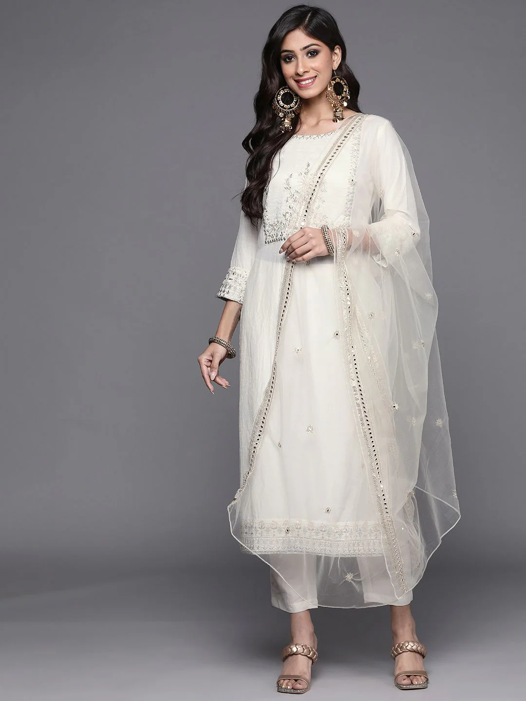 Indo Era Women White Ethnic Motifs Embroidered Kurta with Trousers & With Dupatta - Image 4