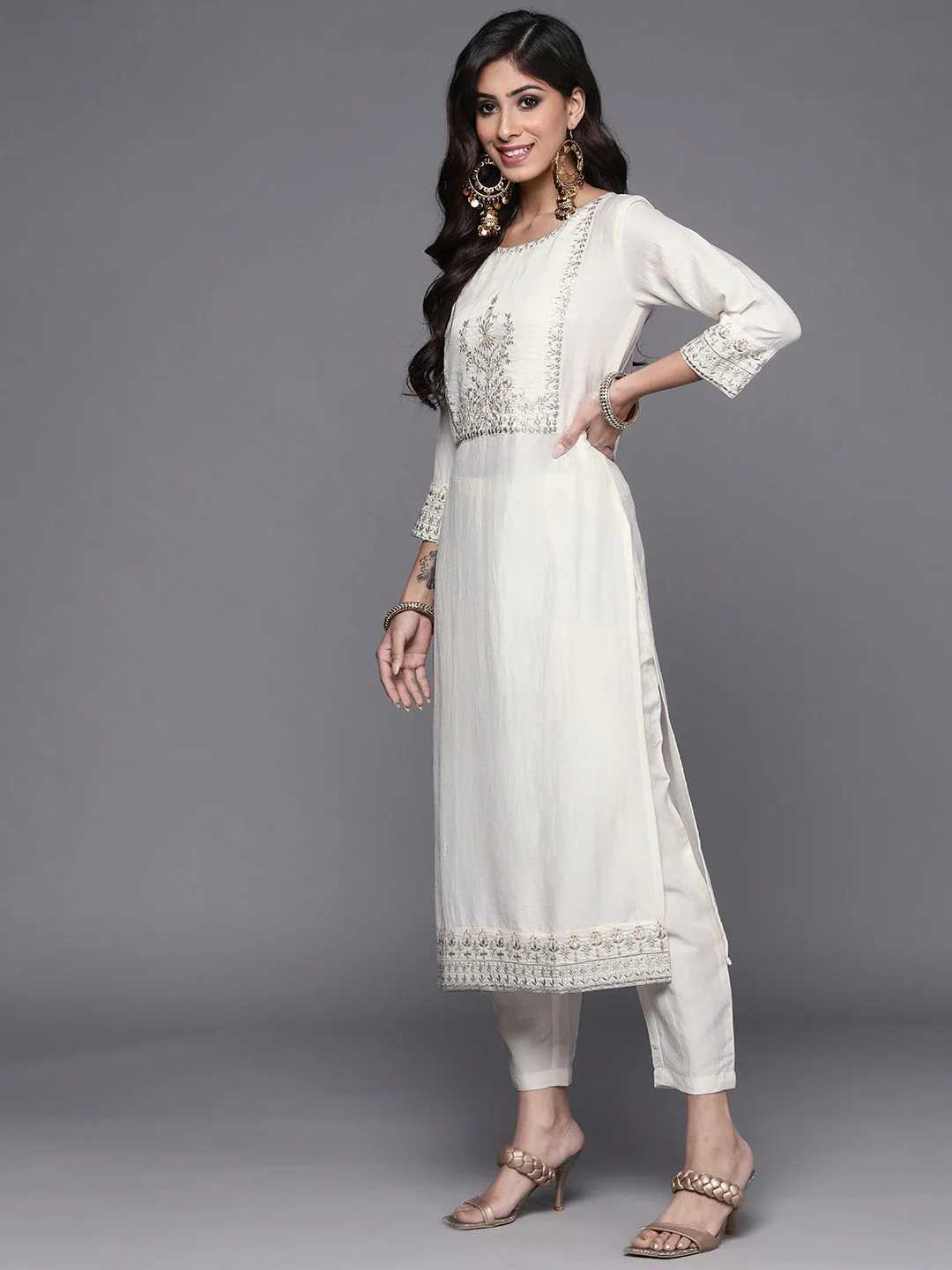 Indo Era Women White Ethnic Motifs Embroidered Kurta with Trousers & With Dupatta - Image 6