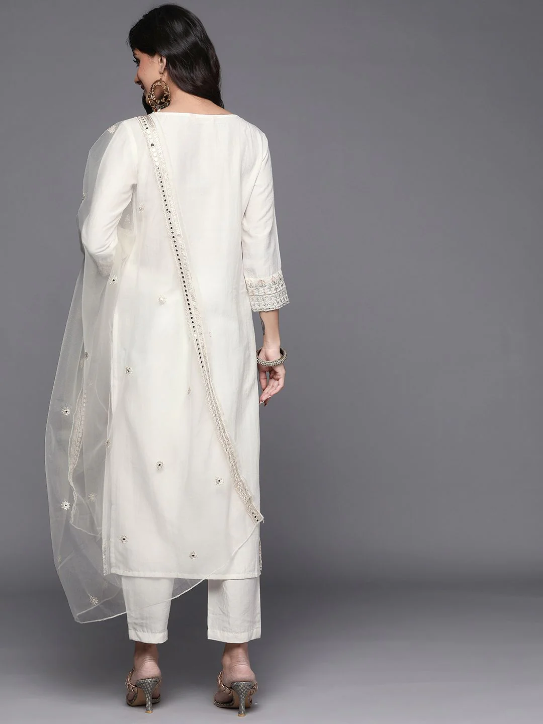 Indo Era Women White Ethnic Motifs Embroidered Kurta with Trousers & With Dupatta - Image 7