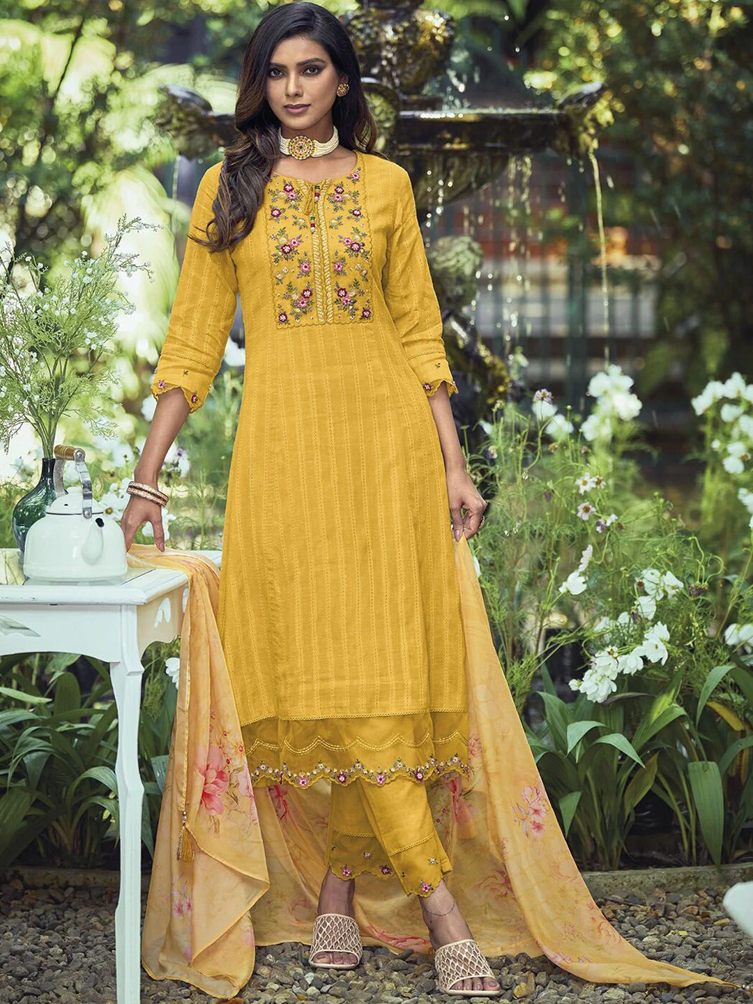Indo Era Yellow Yoke Design Thread Work Pure Cotton Kurta With Trousers & Dupatta - Image 2