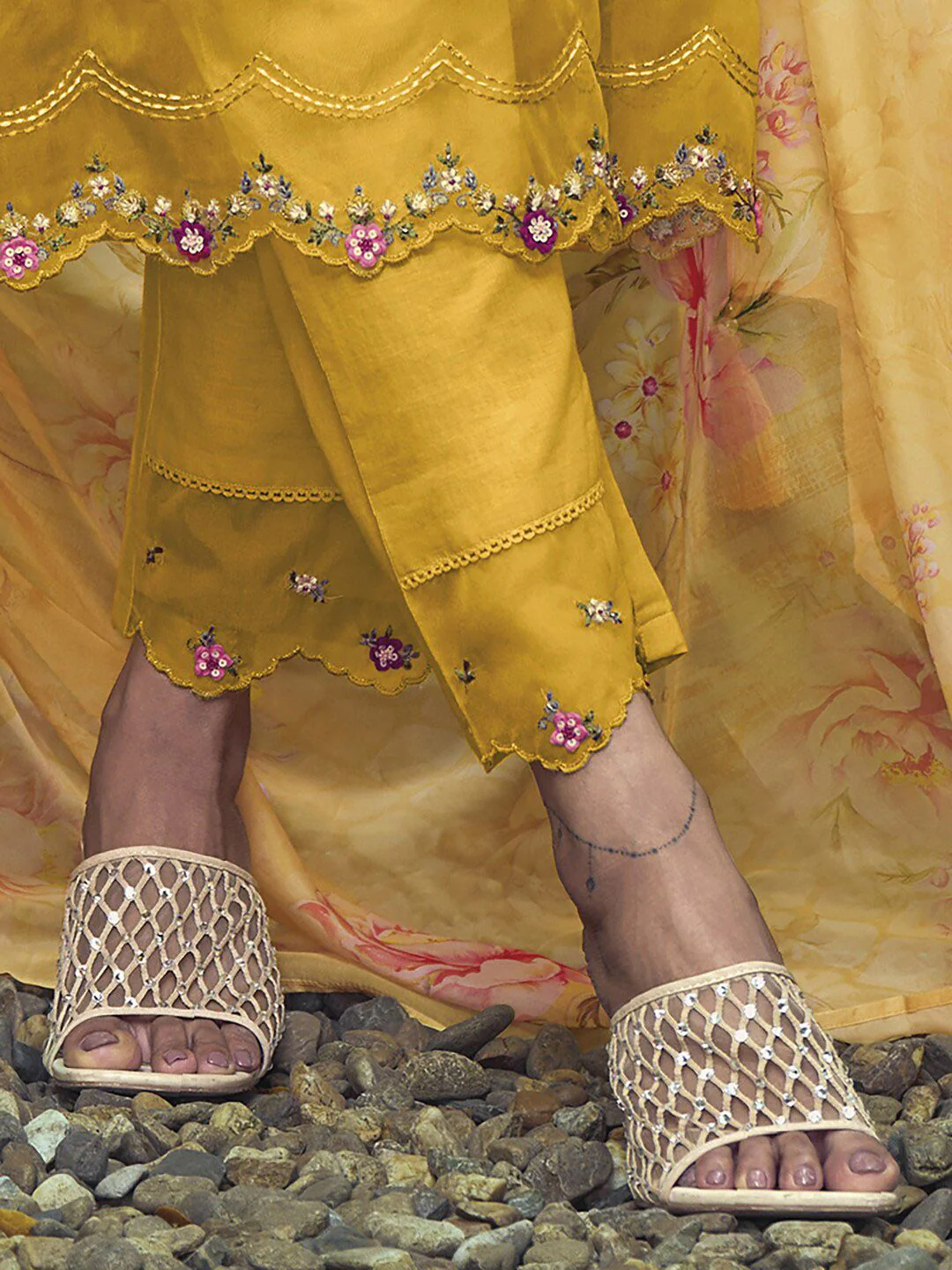 Indo Era Yellow Yoke Design Thread Work Pure Cotton Kurta With Trousers & Dupatta - Image 3