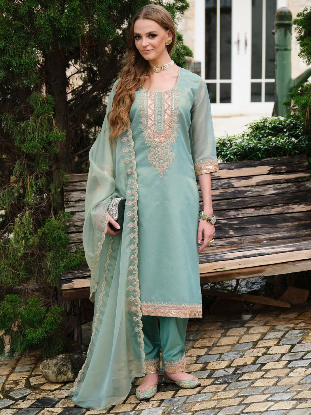 Indo Era Yoke Design Round Neck Kurta With Trousers & Dupatta - Image 2