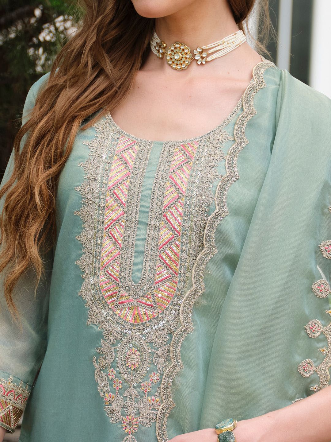 Indo Era Yoke Design Round Neck Kurta With Trousers & Dupatta - Image 3