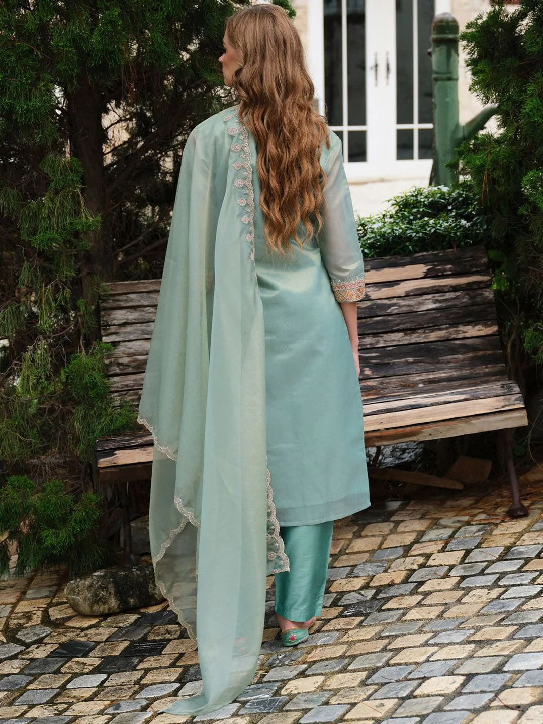 Indo Era Yoke Design Round Neck Kurta With Trousers & Dupatta - Image 4