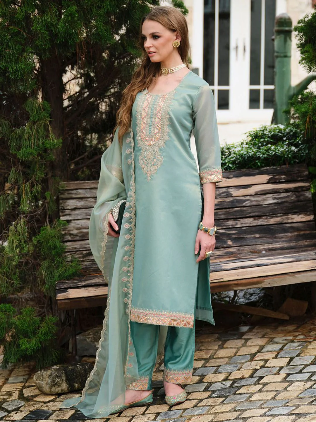 Indo Era Yoke Design Round Neck Kurta With Trousers & Dupatta - Image 5