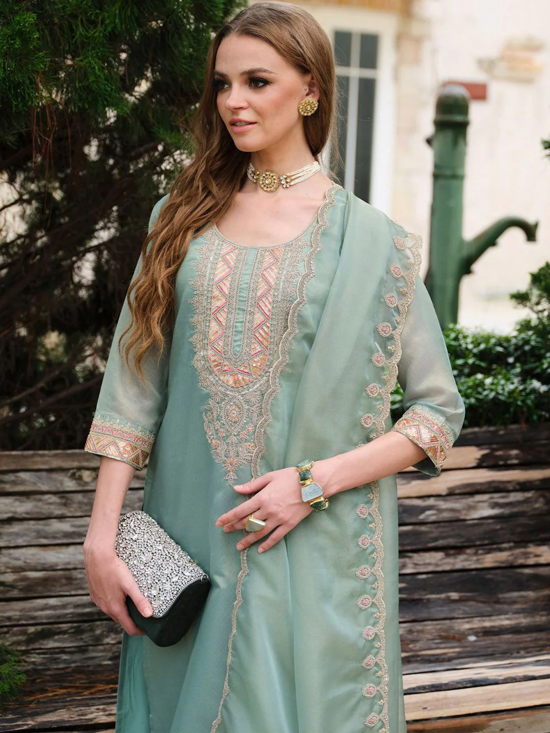 Indo Era Yoke Design Round Neck Kurta With Trousers & Dupatta - Image 7