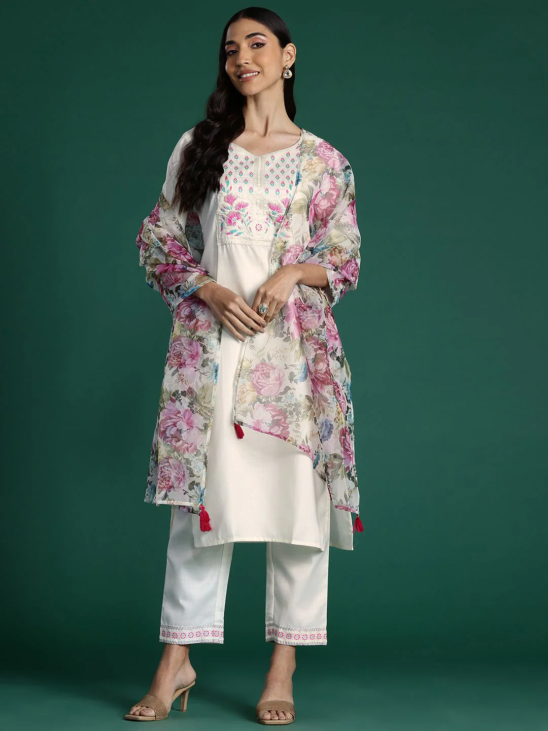 Indo Era Yoke Design Zari Pure Cotton Kurta With Trousers & Dupatta - Image 2