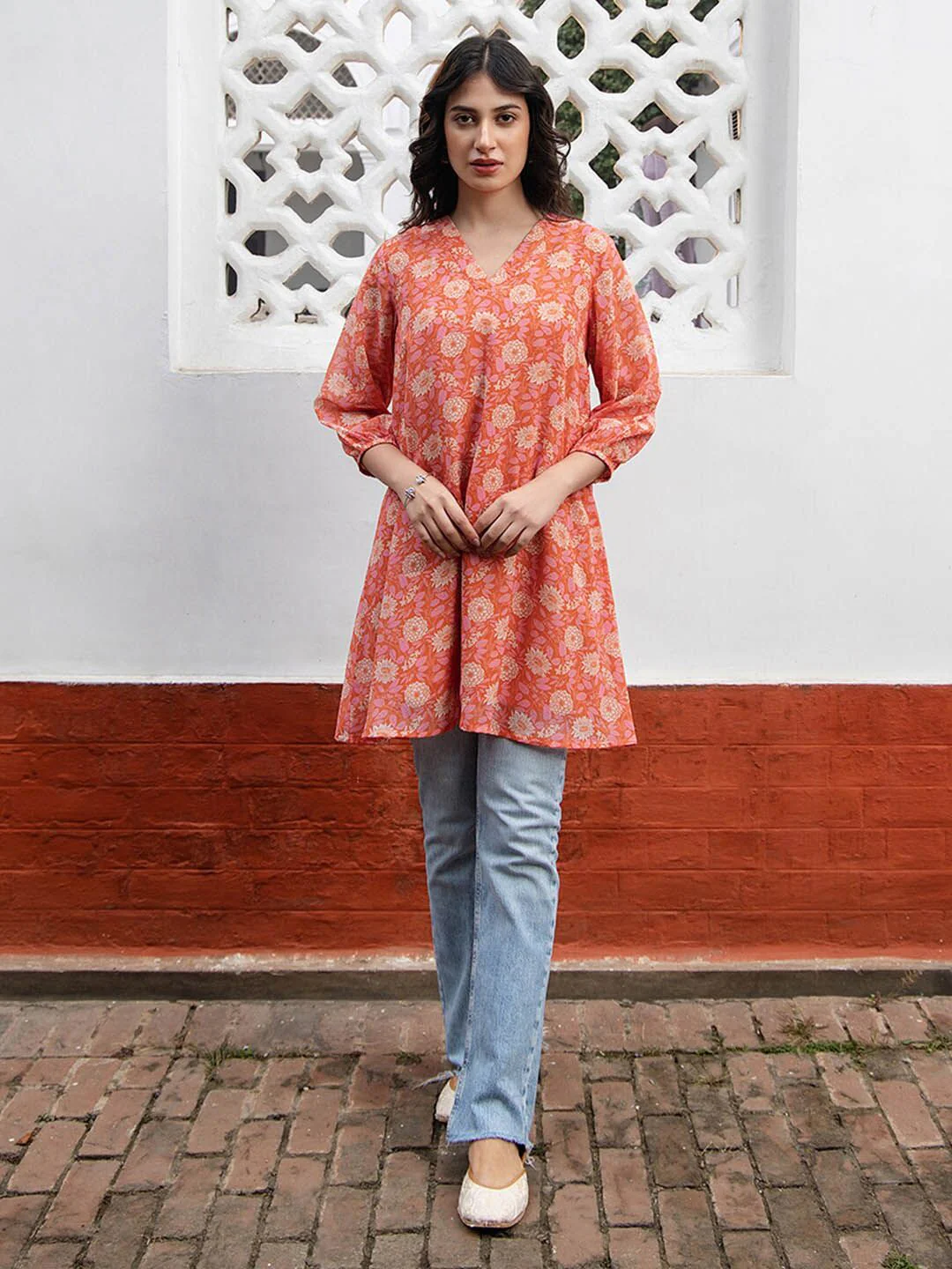 Janasya Women Orange Georgette Floral Printed Regular Tunic - Image 5