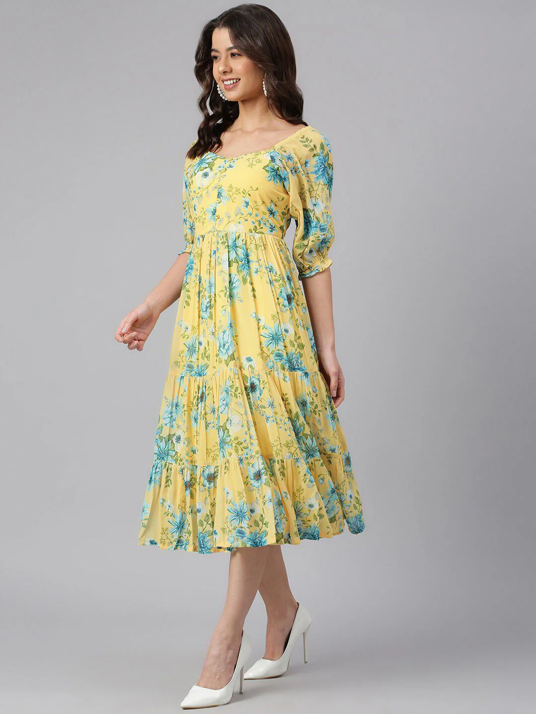 Janasya Women Yellow Georgette Floral Printed Flared Dress - Image 5