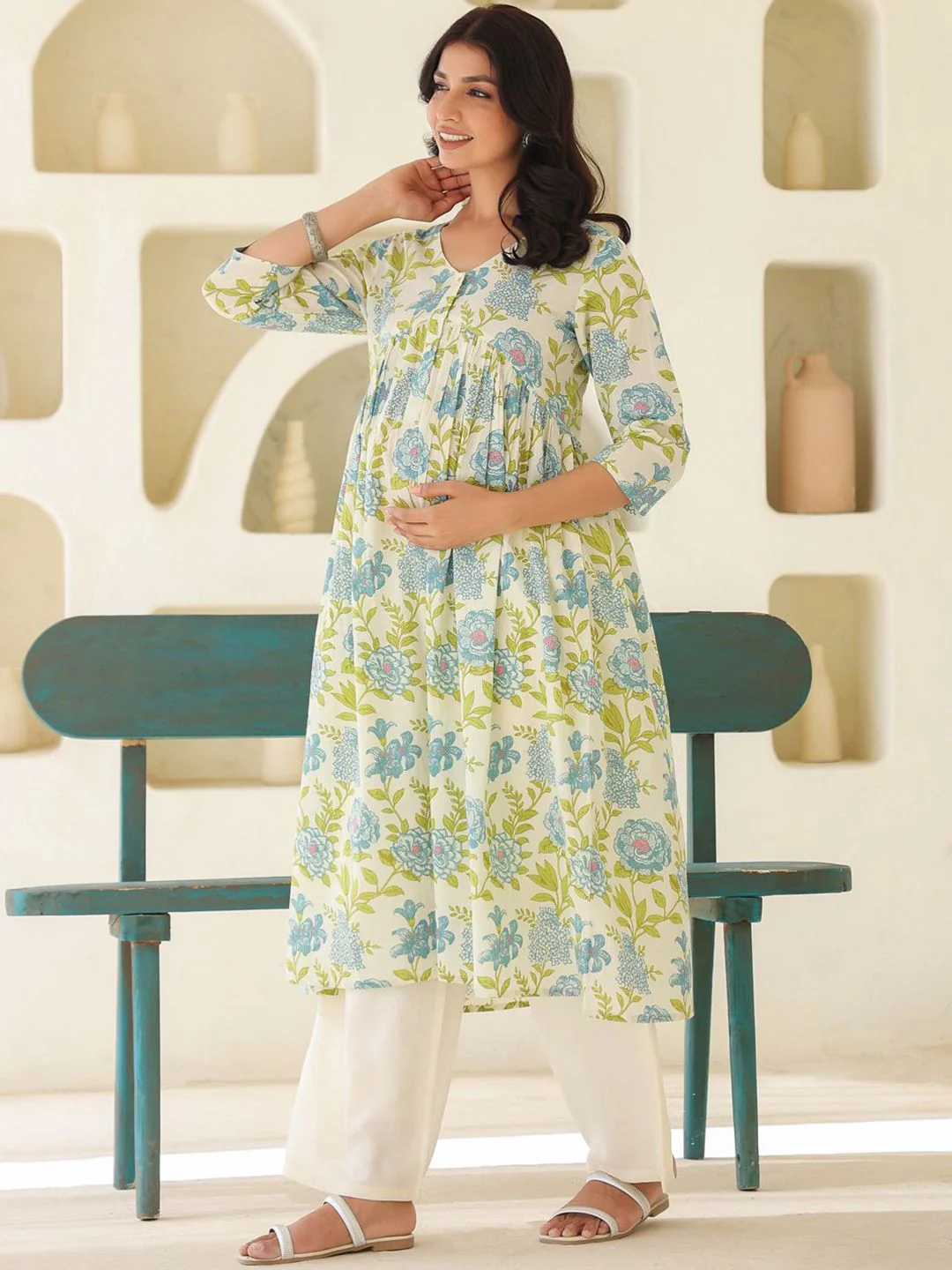Janasya Women's Off White Pure Cotton Floral Printed A-line Maternity Kurta - Image 4
