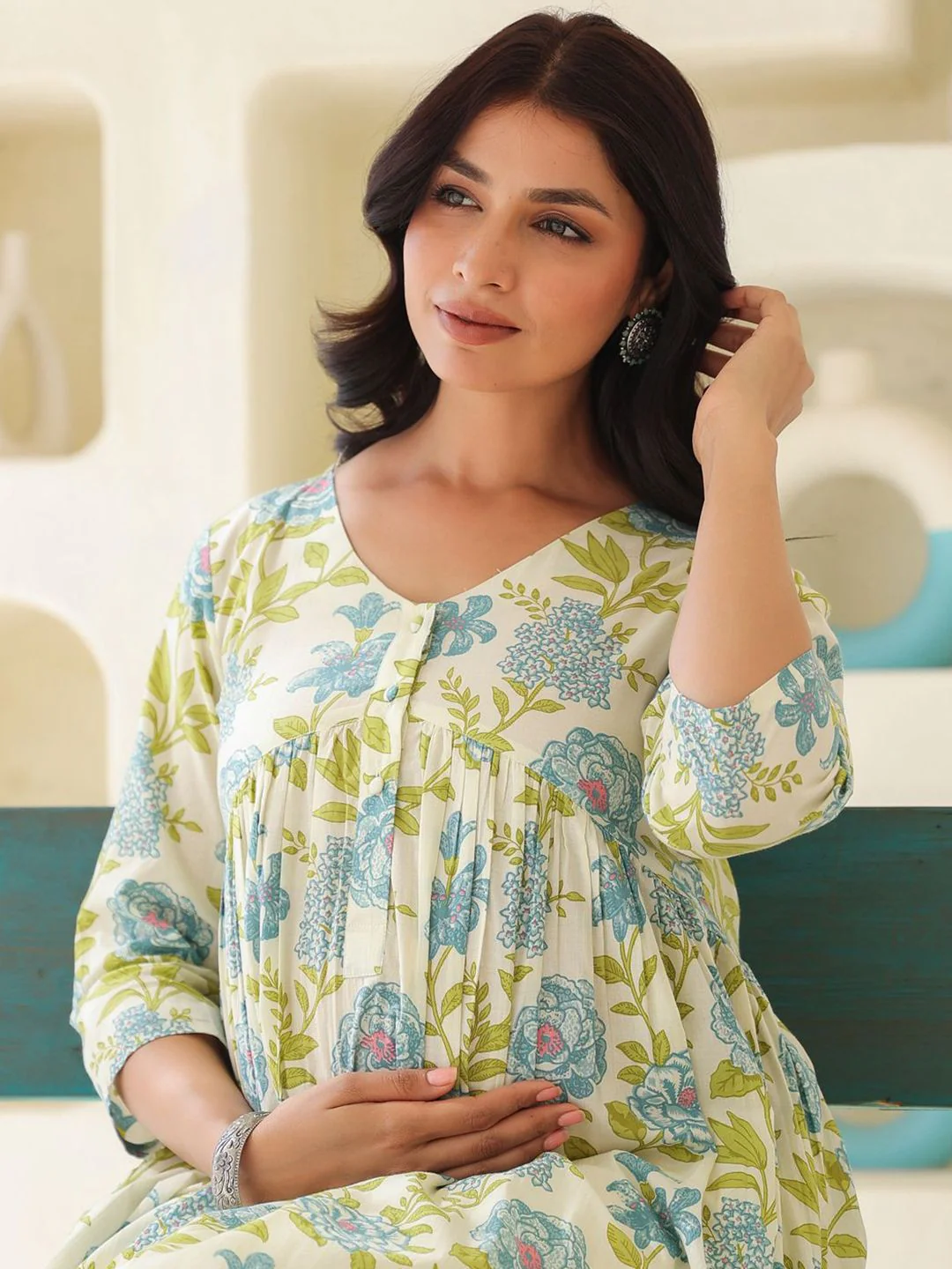 Janasya Women's Off White Pure Cotton Floral Printed A-line Maternity Kurta - Image 7