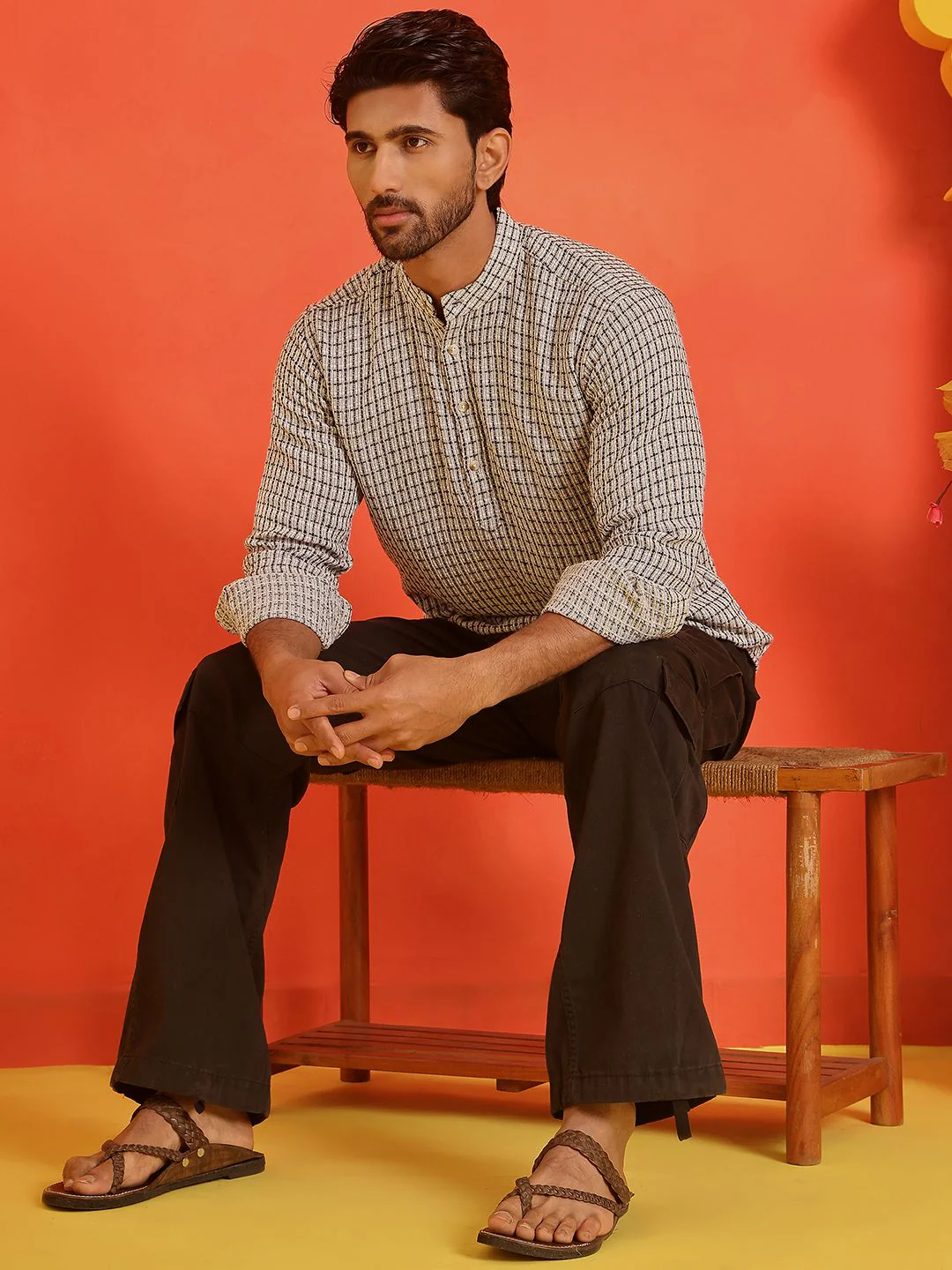 Jompers Checked Band Collar Long Roll-Up Sleeves Straight Kurta - Image 5